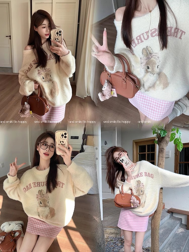 Fuzzy Bunny Off-Shoulder Sweater