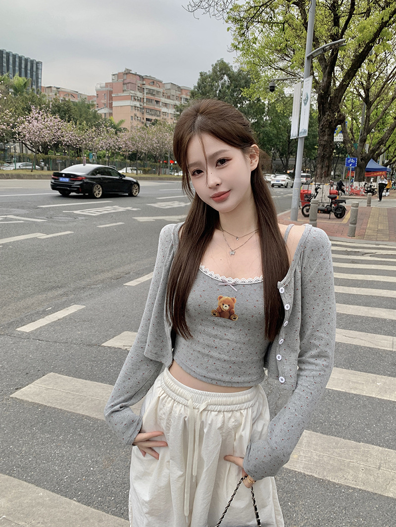 Sweet & Spicy Girl Teddy Bear Cami and Floral Cardigan Set