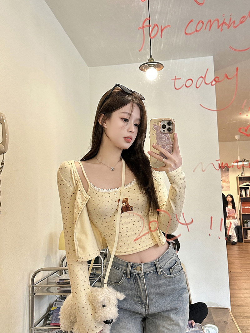 Sweet & Spicy Girl Teddy Bear Cami and Floral Cardigan Set