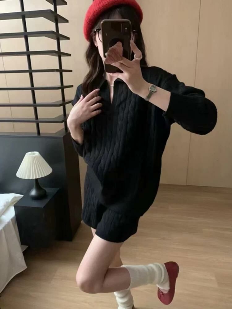 Chilling Style Polo Neck Knit Top and Short Set