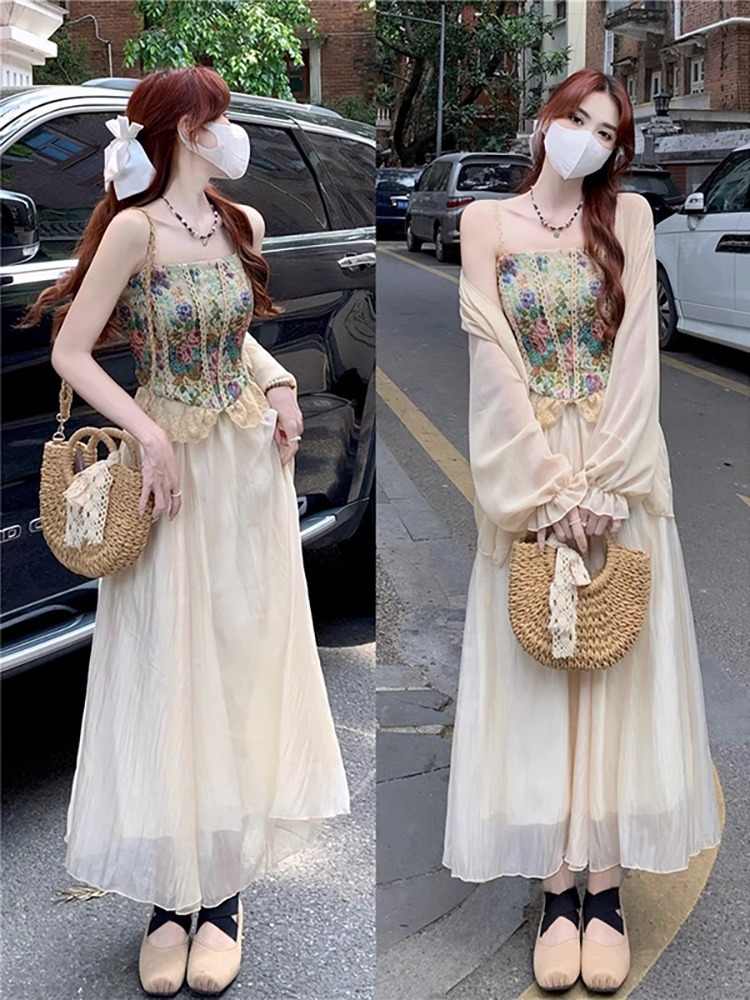 French Vintage Floral Oil Painting Cami, Sunscreen Tee & Long Dress Set