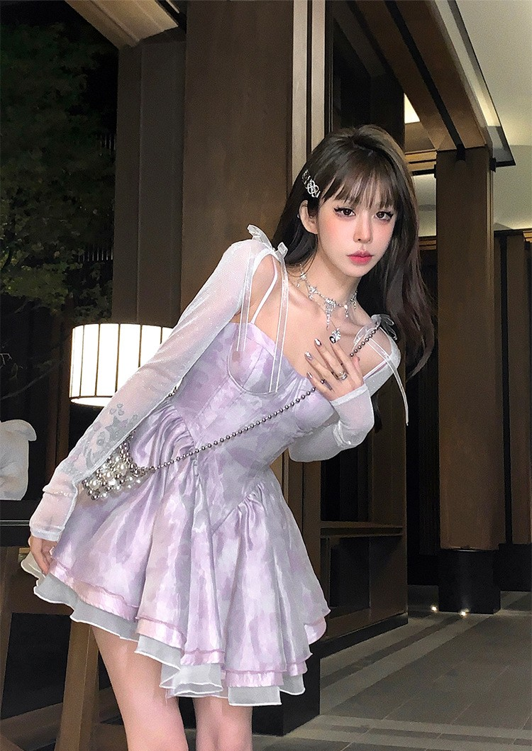 Ballet Fairycore Tie-Dye Cardigan and Puff One-Piece Dress Set
