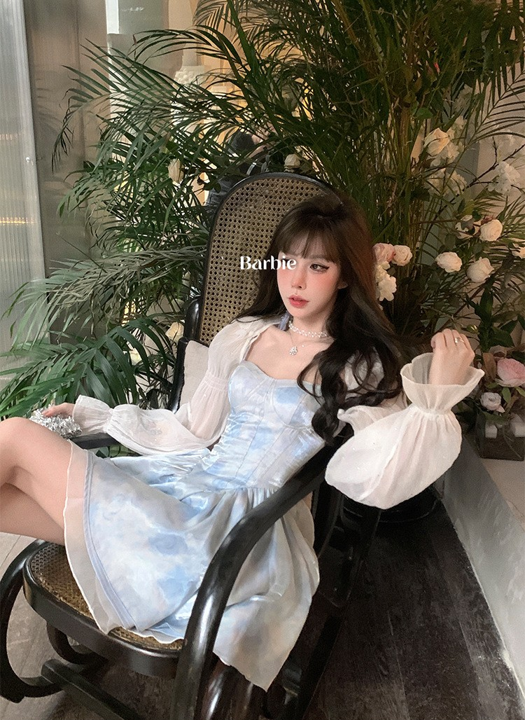 Ballet Fairycore Tie-Dye Cardigan and Puff One-Piece Dress Set