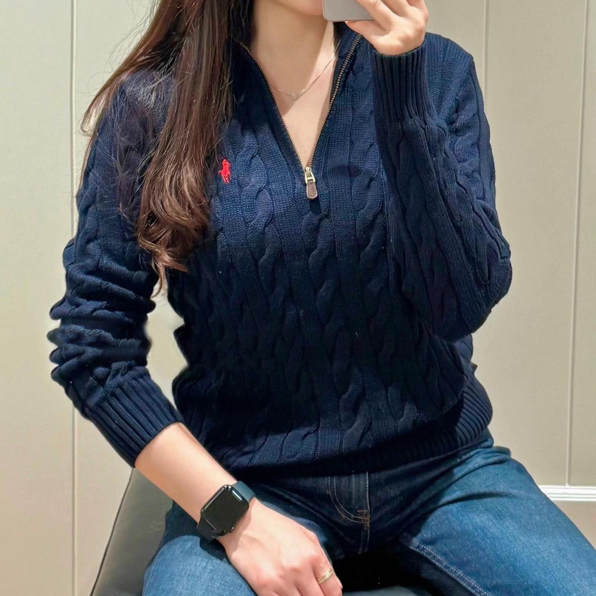 RL立領麻花半拉鍊毛衣