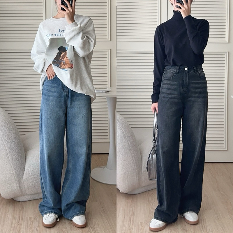 （部分現貨）🔥NJ122「FOR GIRLS」氣死真的有夠好看! 百搭刷色牛仔寬褲