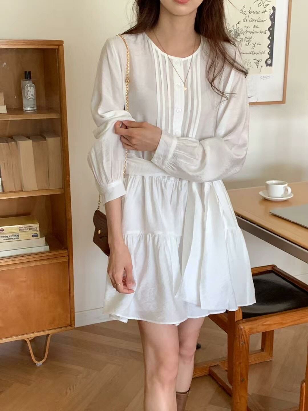 Silk pleated belted dress