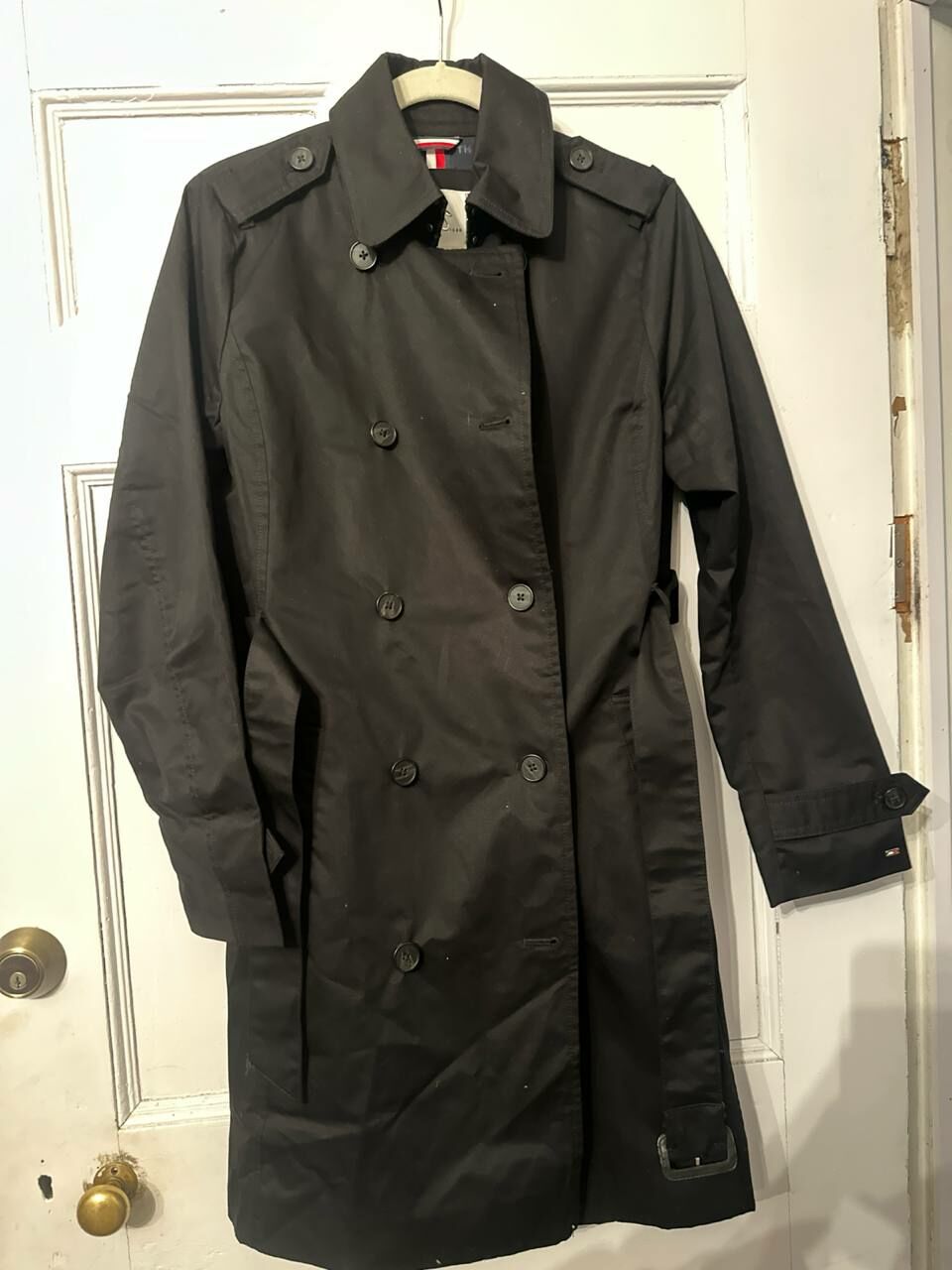 [S] TOMMY HILFIGER DOUBLE-BREASTED BELTED LADIES TRENCH COAT,BLACK, 76J5341-001 (STH920)