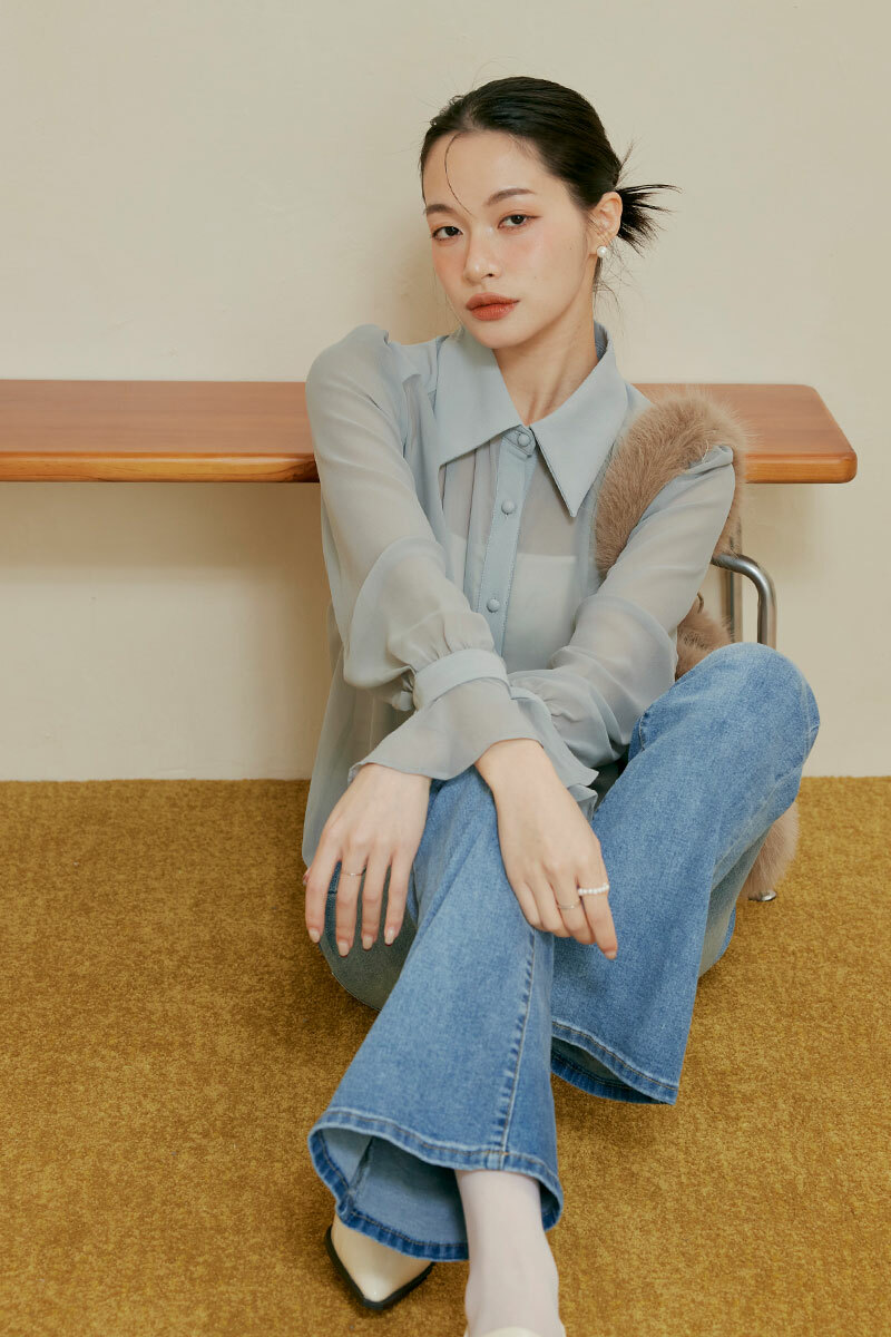 輕透肩領雪紡襯衫上衣