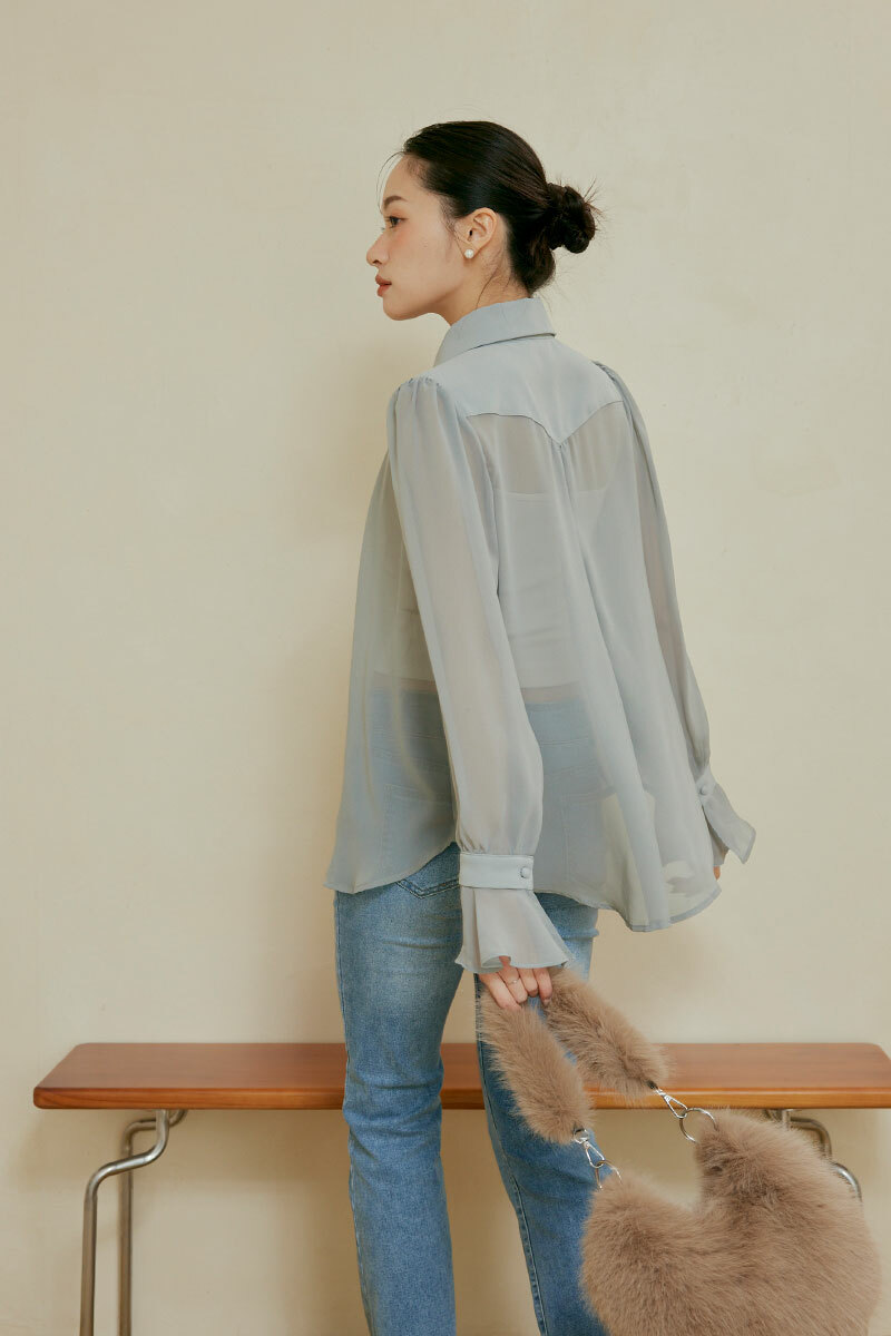 輕透肩領雪紡襯衫上衣