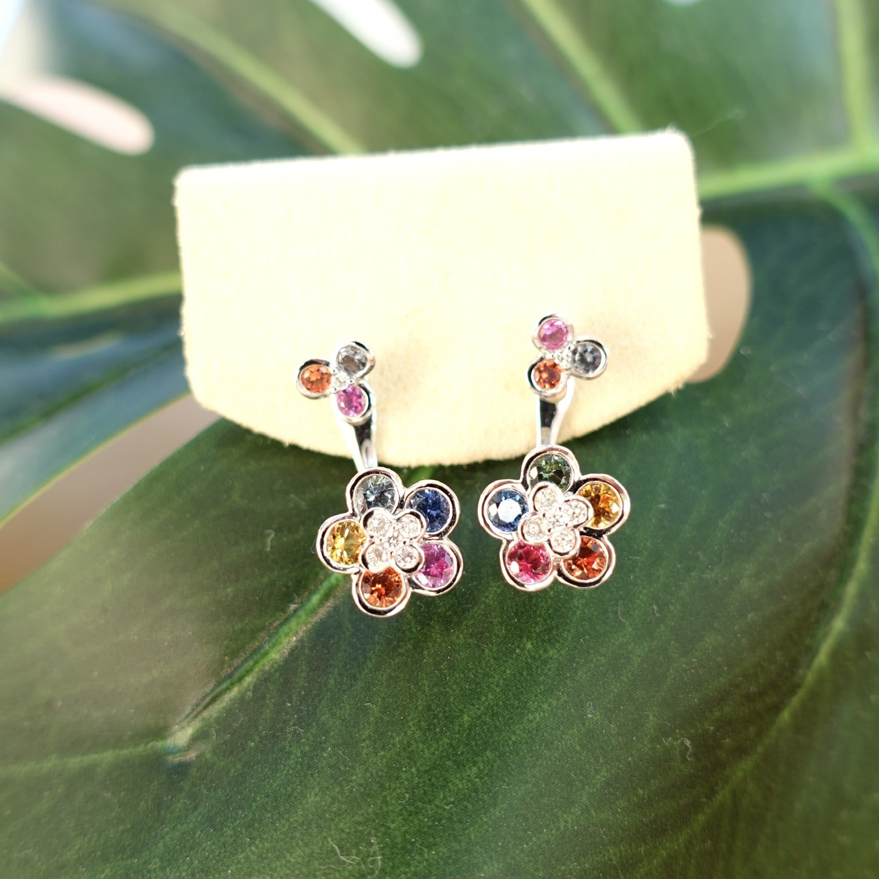 18K金彩虹藍寶石鑽石拼花耳釘 (一款兩戴)