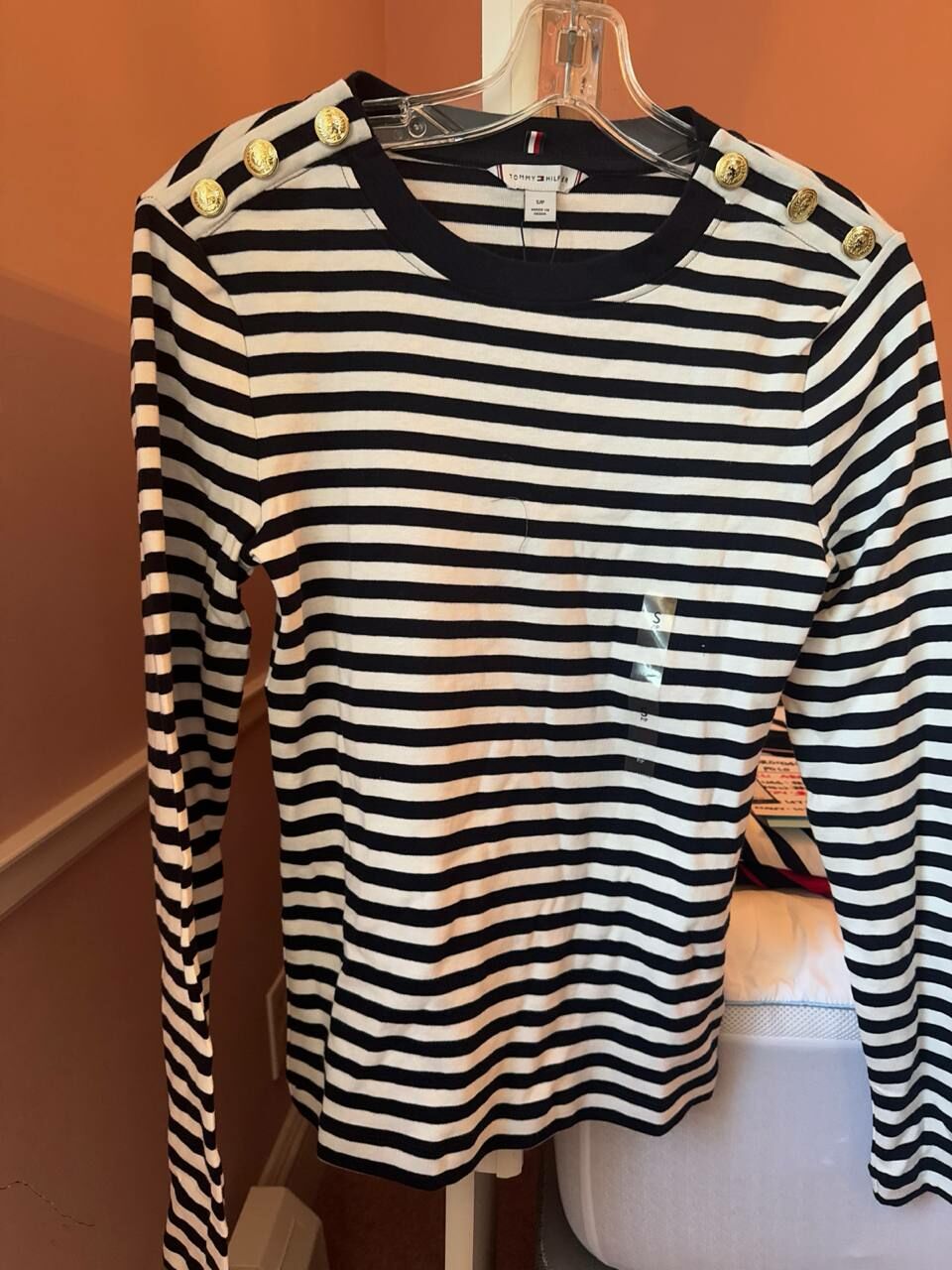 [S] TOMMY HILFIGER STRIPE GOLD-BUTTON FAVORITE T-SHIRT,NAVY, 76J5331-410 (STH936)