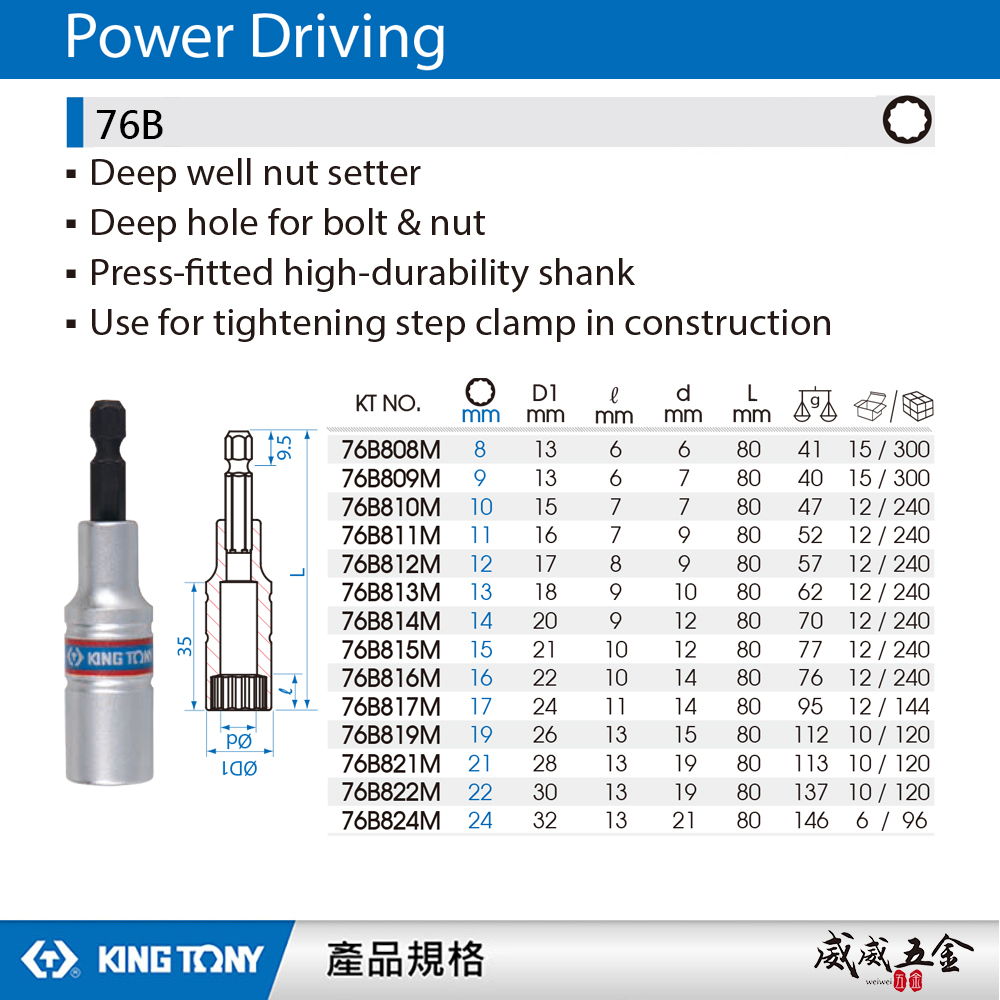 KING TONY 金統立｜8-24mm｜12角無磁性套筒 六角軸深孔套筒 六角柄十二角起子頭長套筒｜76B