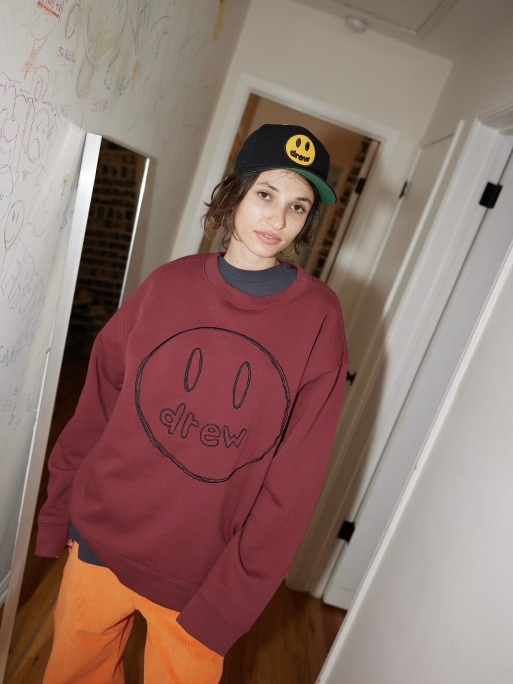 DREW HOUSE 限定款 刺繡素描笑臉LOGO 酒紅衛衣
