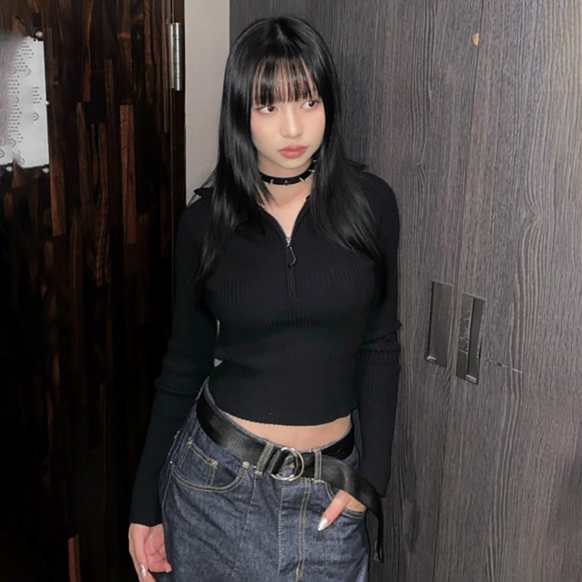 羅紋半拉鍊針織上衣