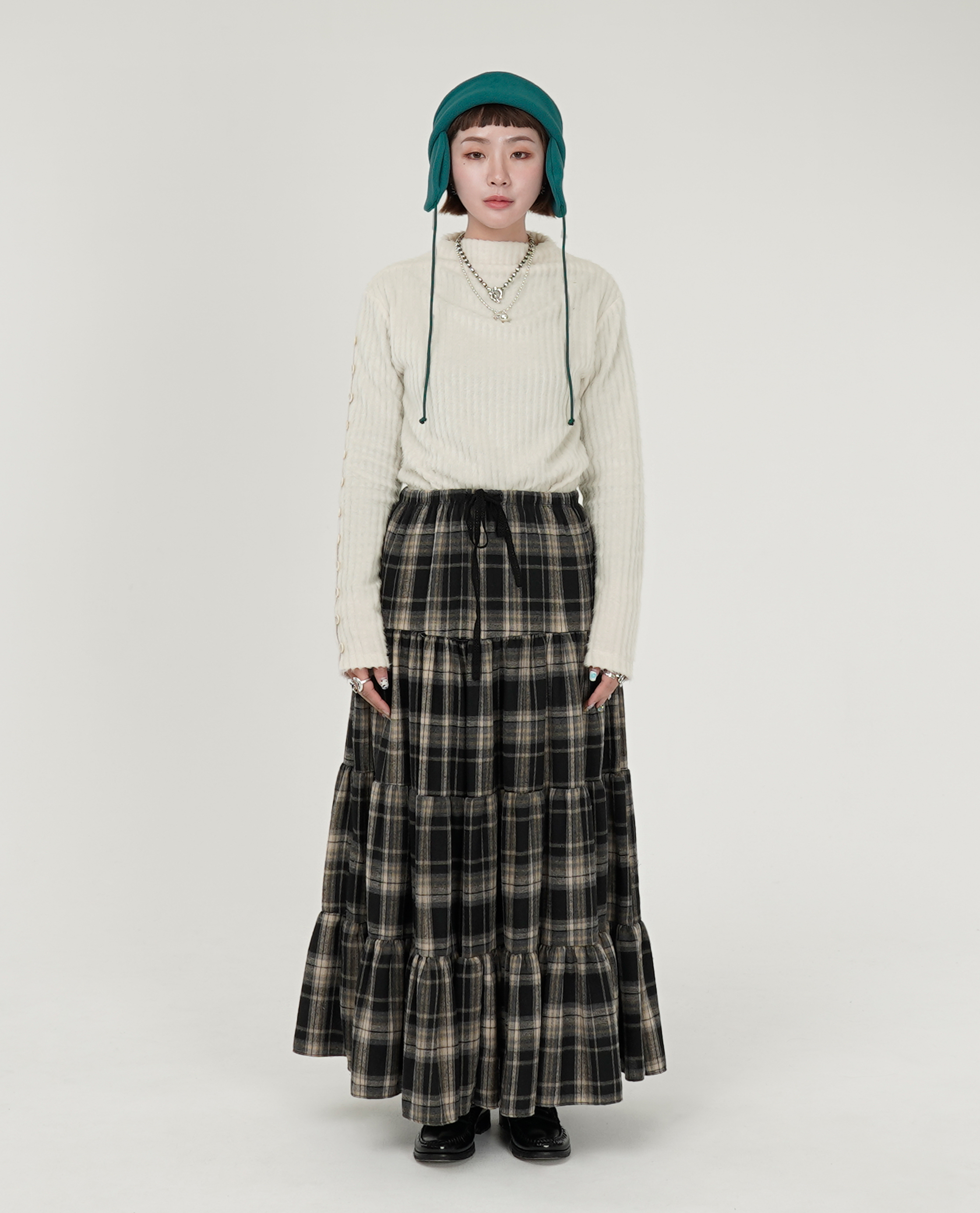 格紋鬆緊拼接長裙