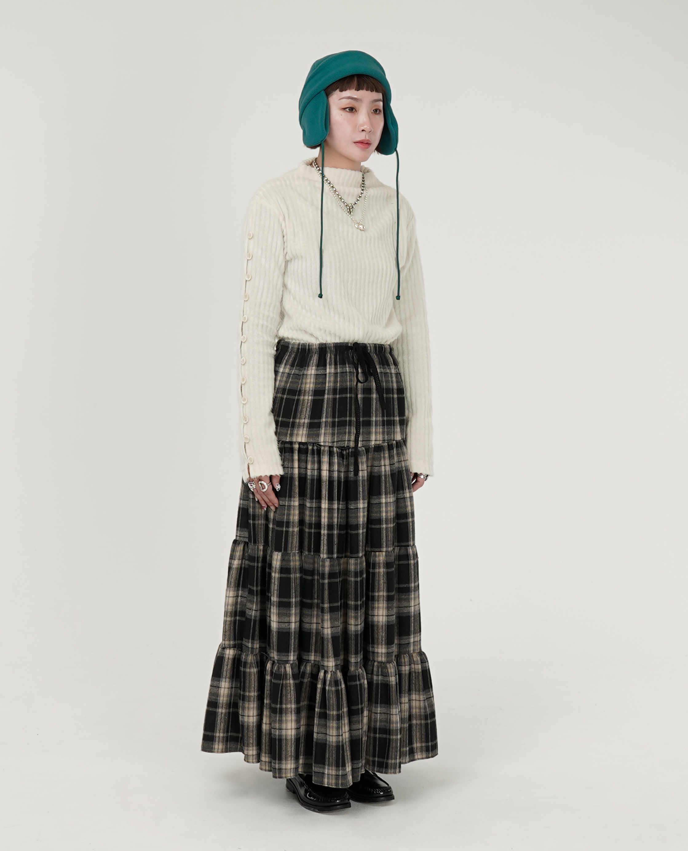 格紋鬆緊拼接長裙