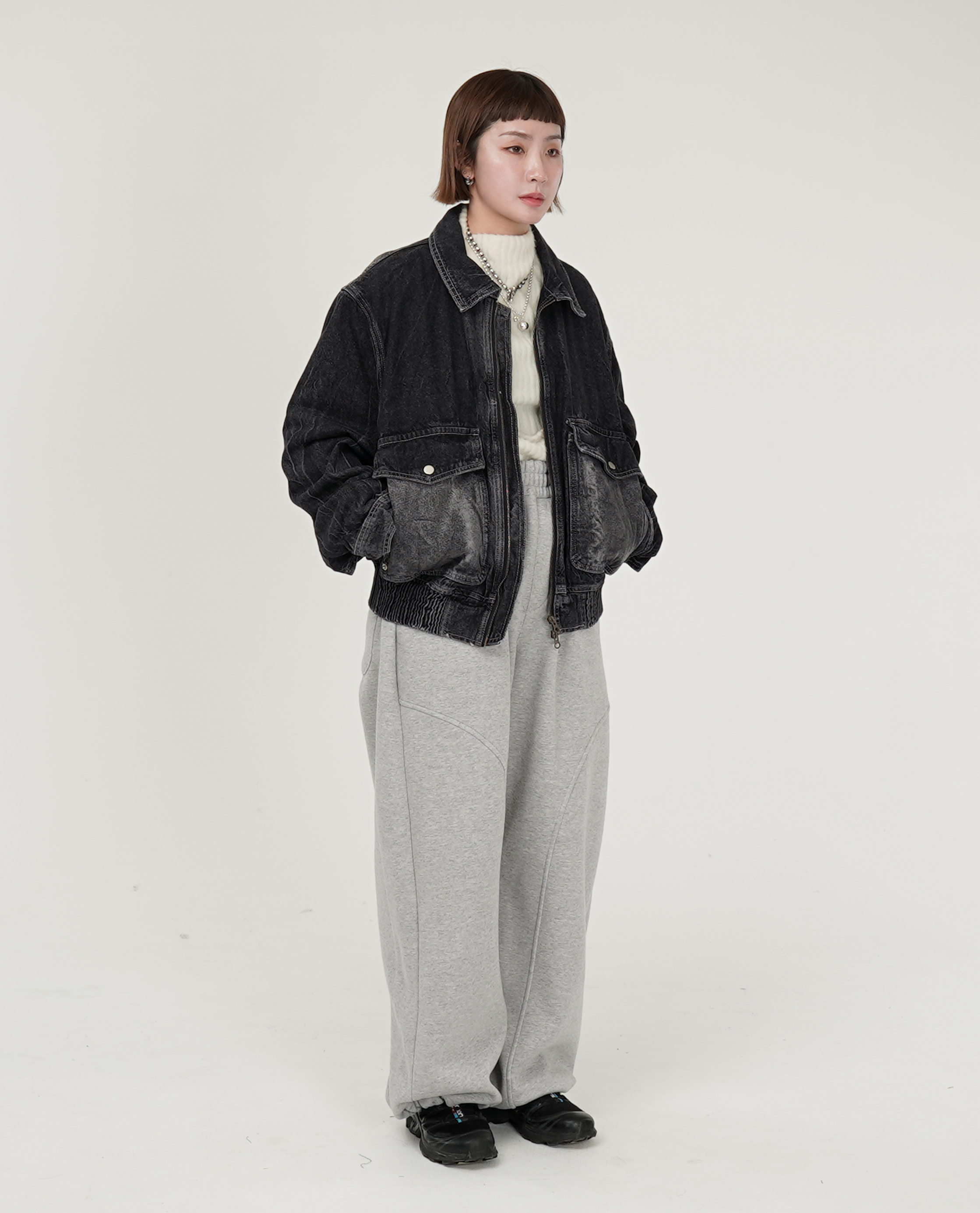 鬆緊弧形車線直筒棉褲