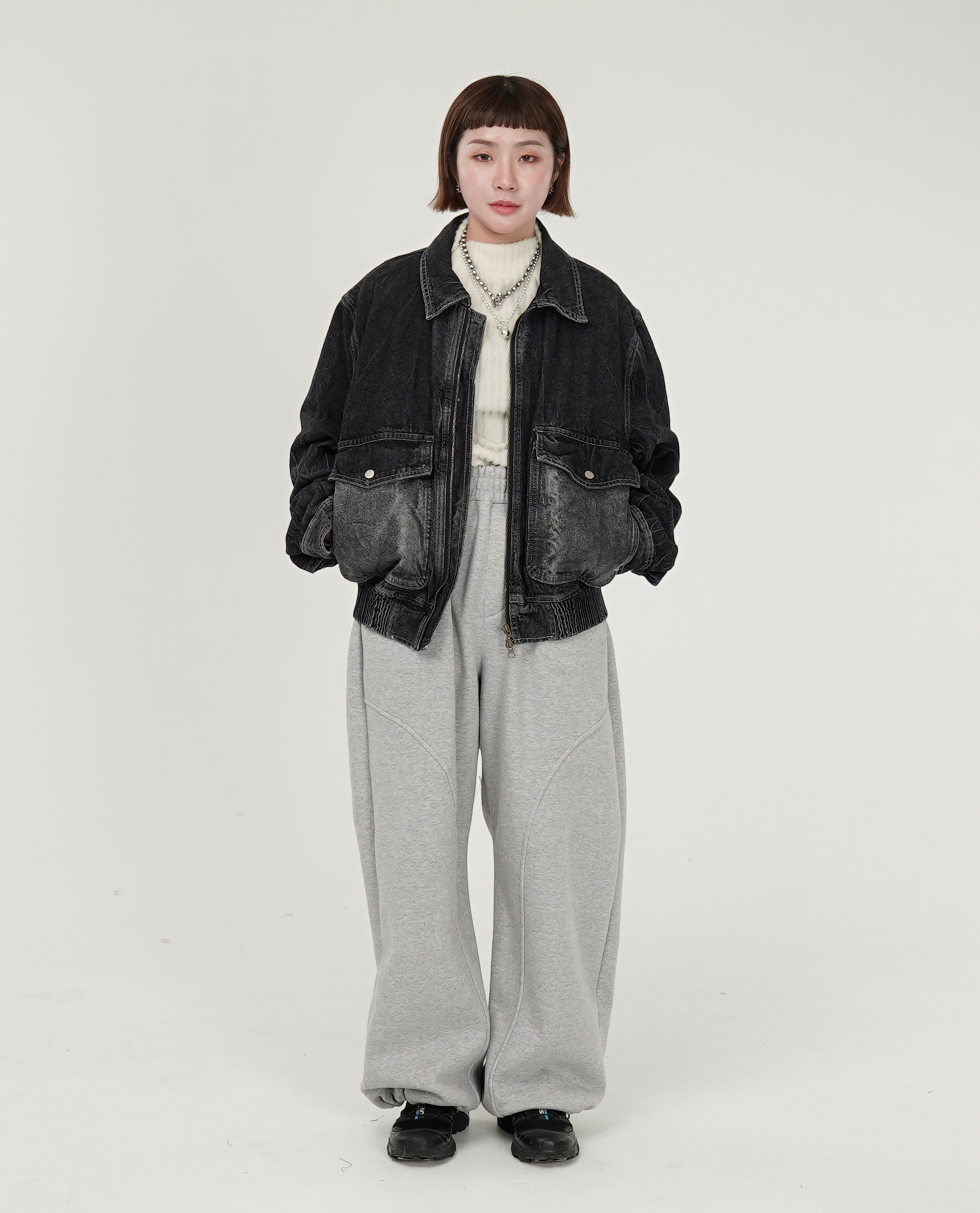 鬆緊弧形車線直筒棉褲