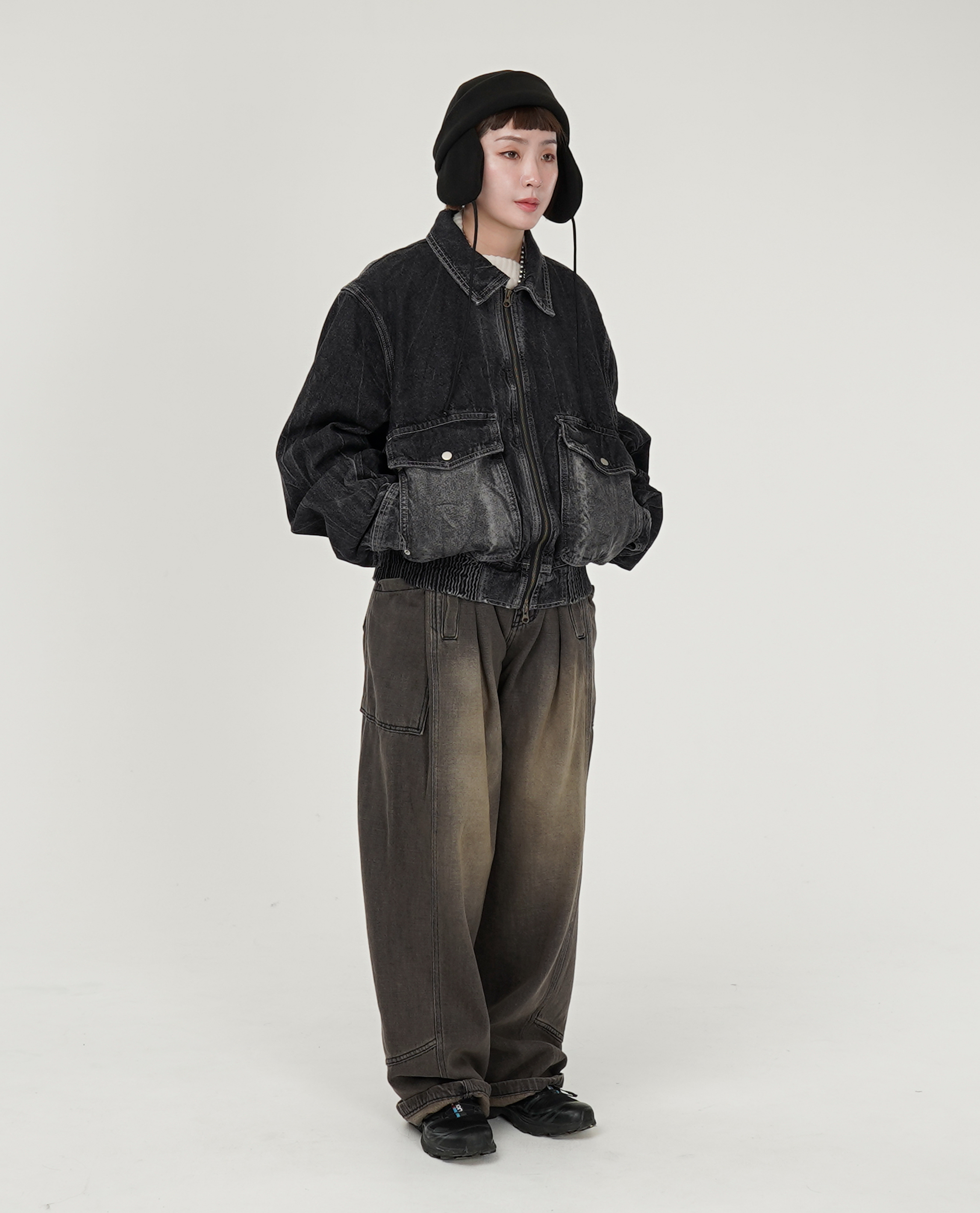 拉鍊寬短水洗牛仔外套