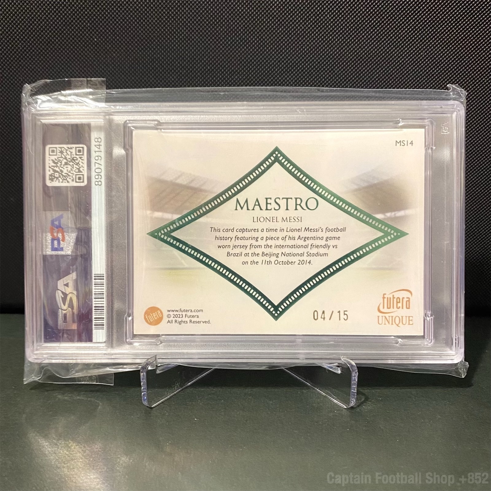 2023 Futera Argentina Lionel Messi Maestro Match Worn Relic Card 04/15 PSA 8