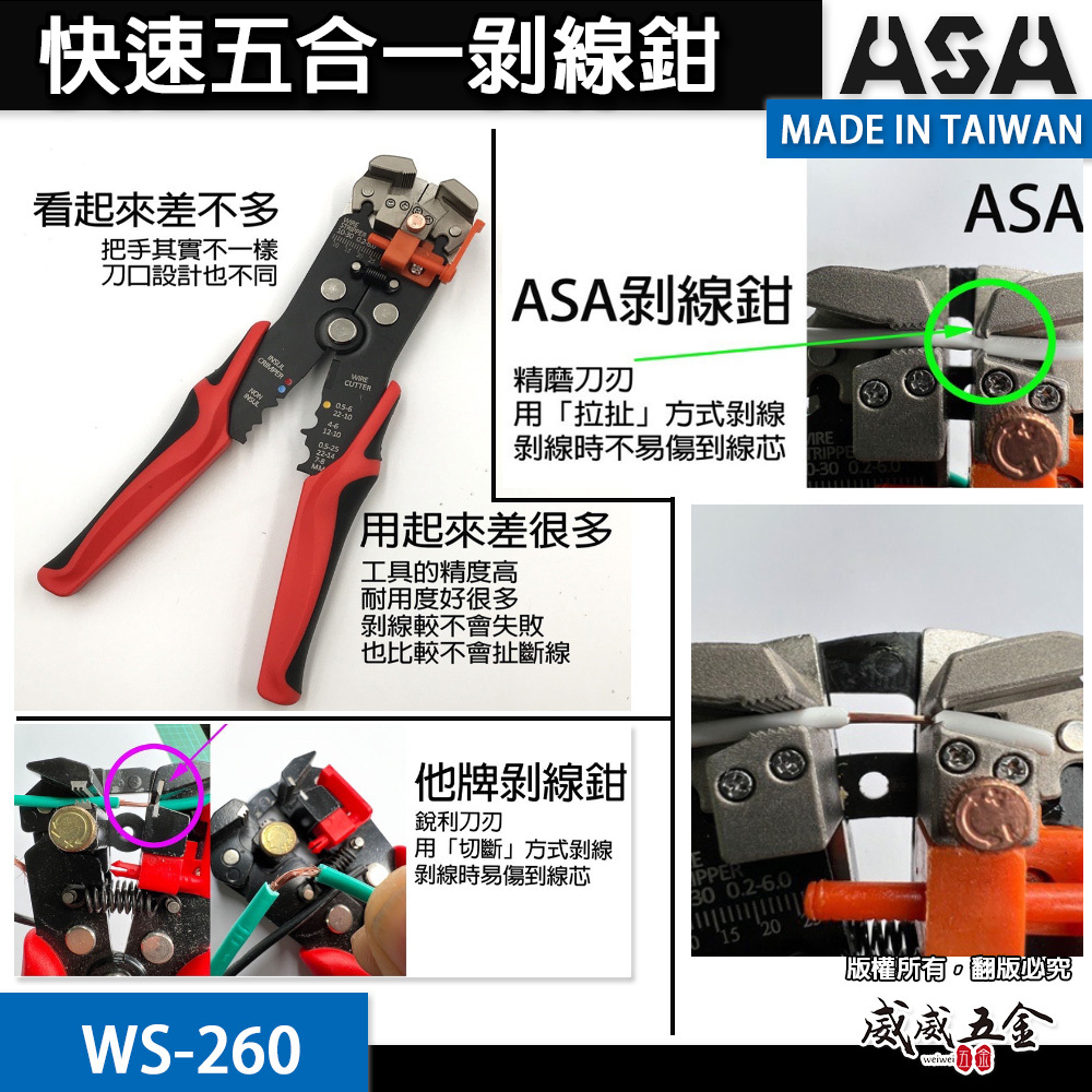 ASA 台灣製｜專業五合一剝線鉗 自動剝線鉗 剝皮鉗 多功能斷線鉗 脫線鉗 自調整 壓接端子鉗｜WS-260