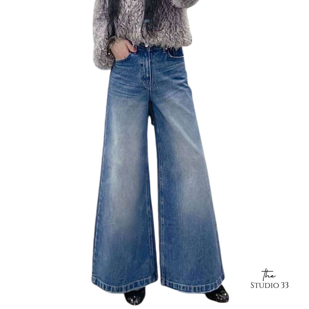 高腰刷白牛仔寬褲