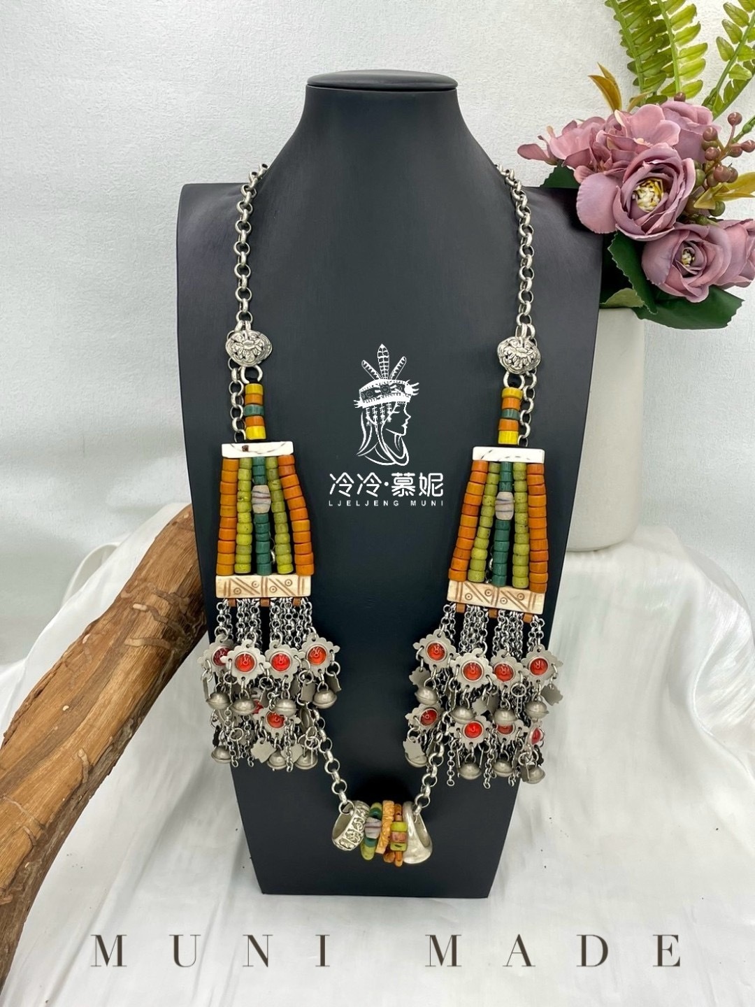 Muni-No.24貿易老珠紅瑪瑙鈴鐺鏈條掛鏈90cm