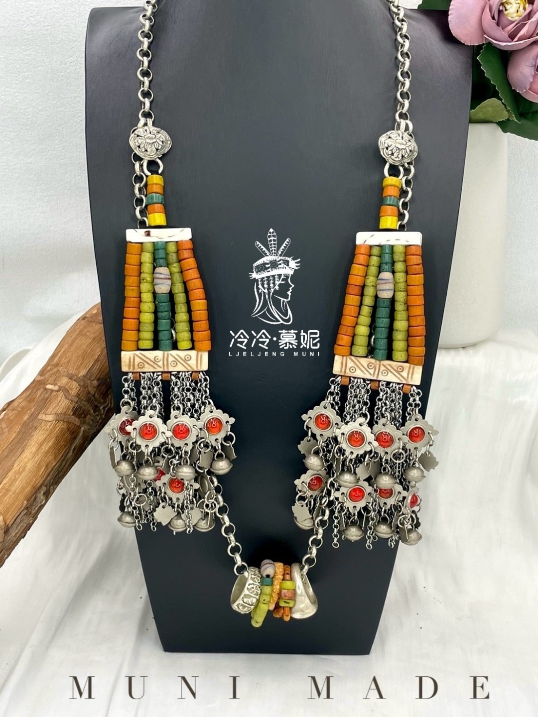 Muni-No.24貿易老珠紅瑪瑙鈴鐺鏈條掛鏈90cm