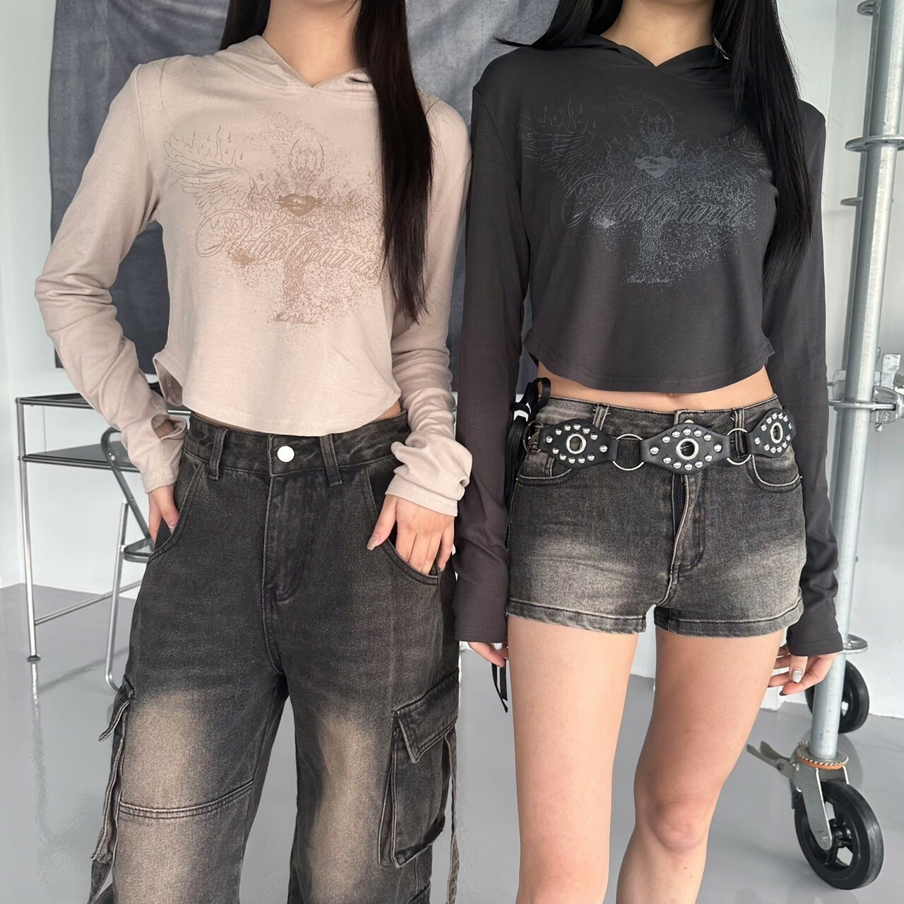 彈力廢土印花連帽長袖指套上衣