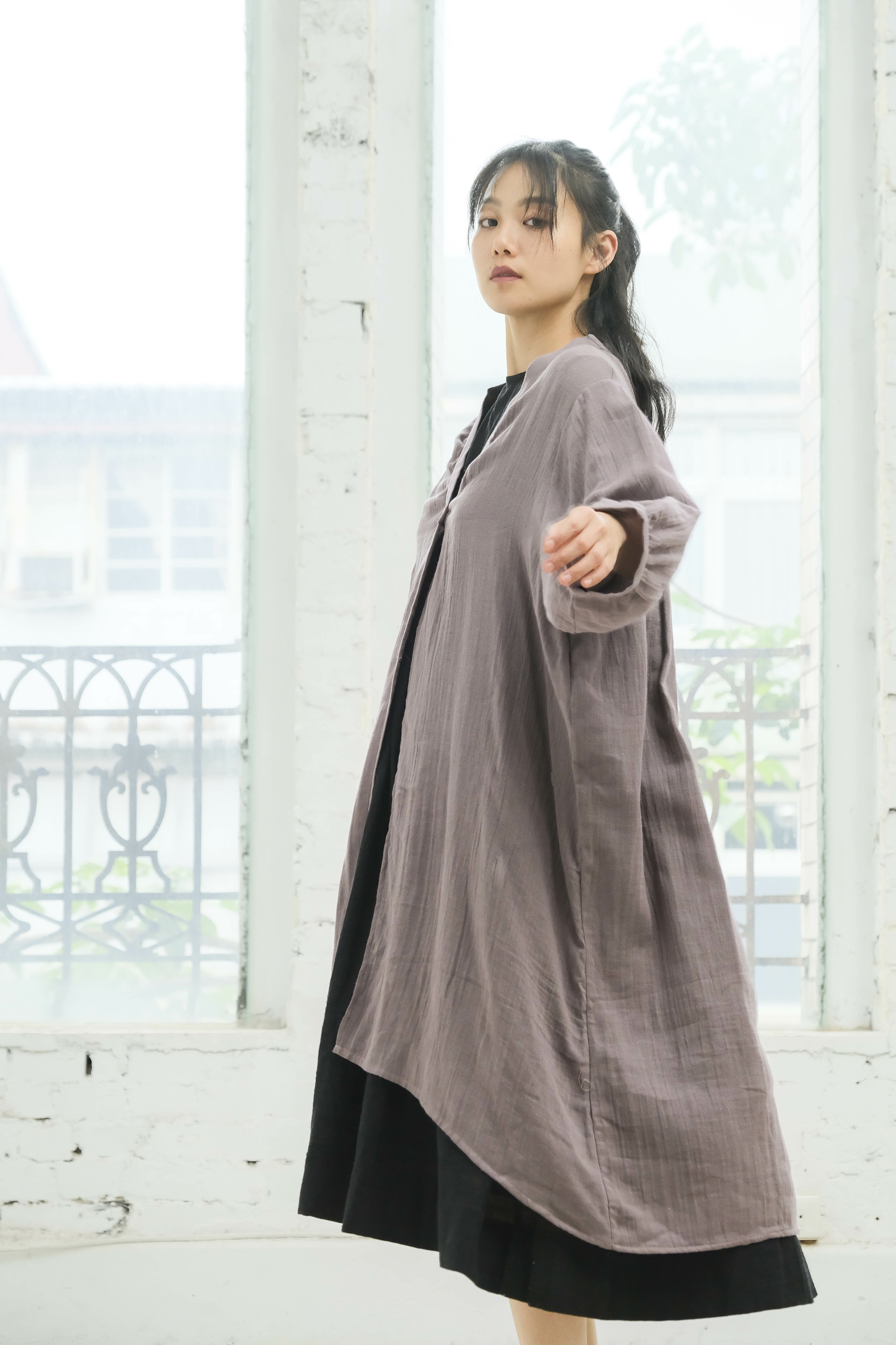 澎袖抓褶單釦外套 / 雙層紗 紫檀