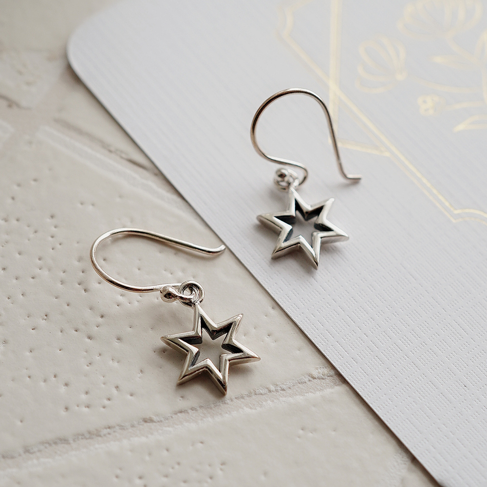 星空下純銀耳環/SE619 復古銀 簡約星星耳勾 女生禮物 情人節禮物