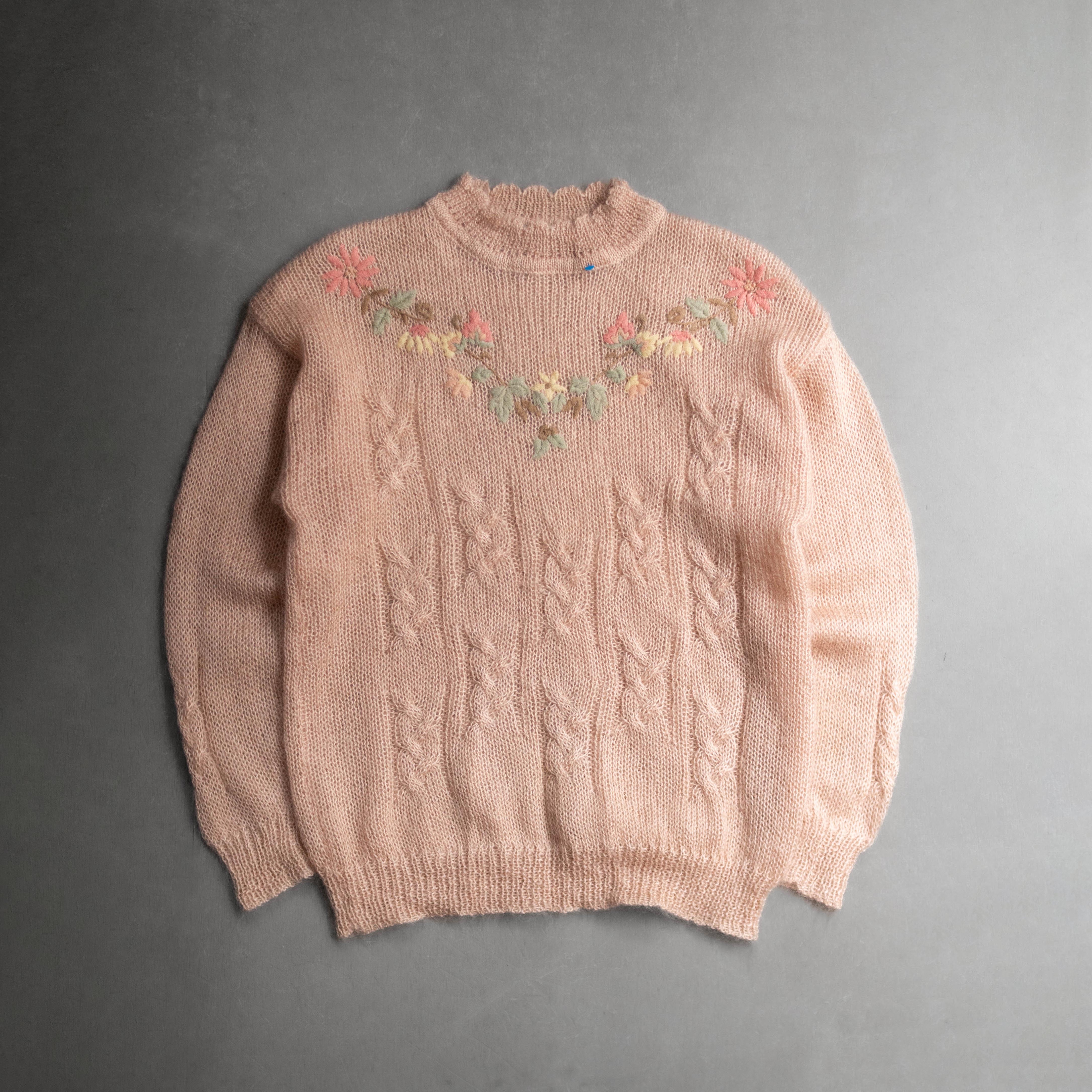 VINTAGE MOHAIR KNITWEAR 美國 粉紅 刺繡 小花 馬海毛 針織 套頭 高領 毛衣