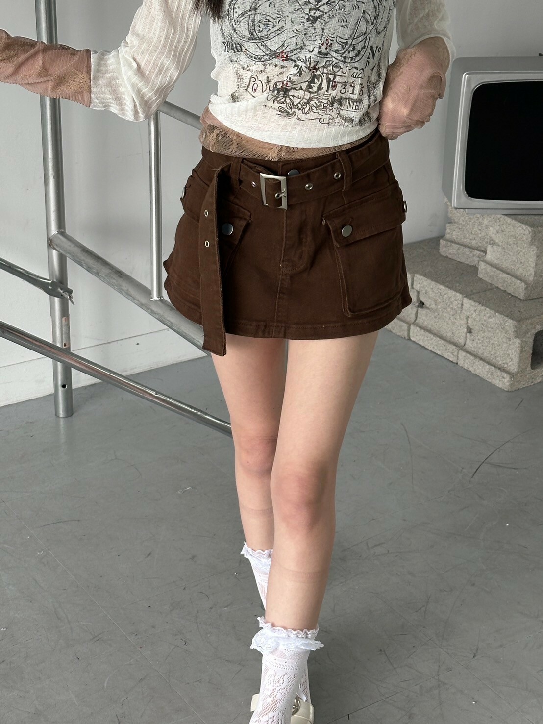 大口袋工裝腰帶牛仔褲裙 2colors