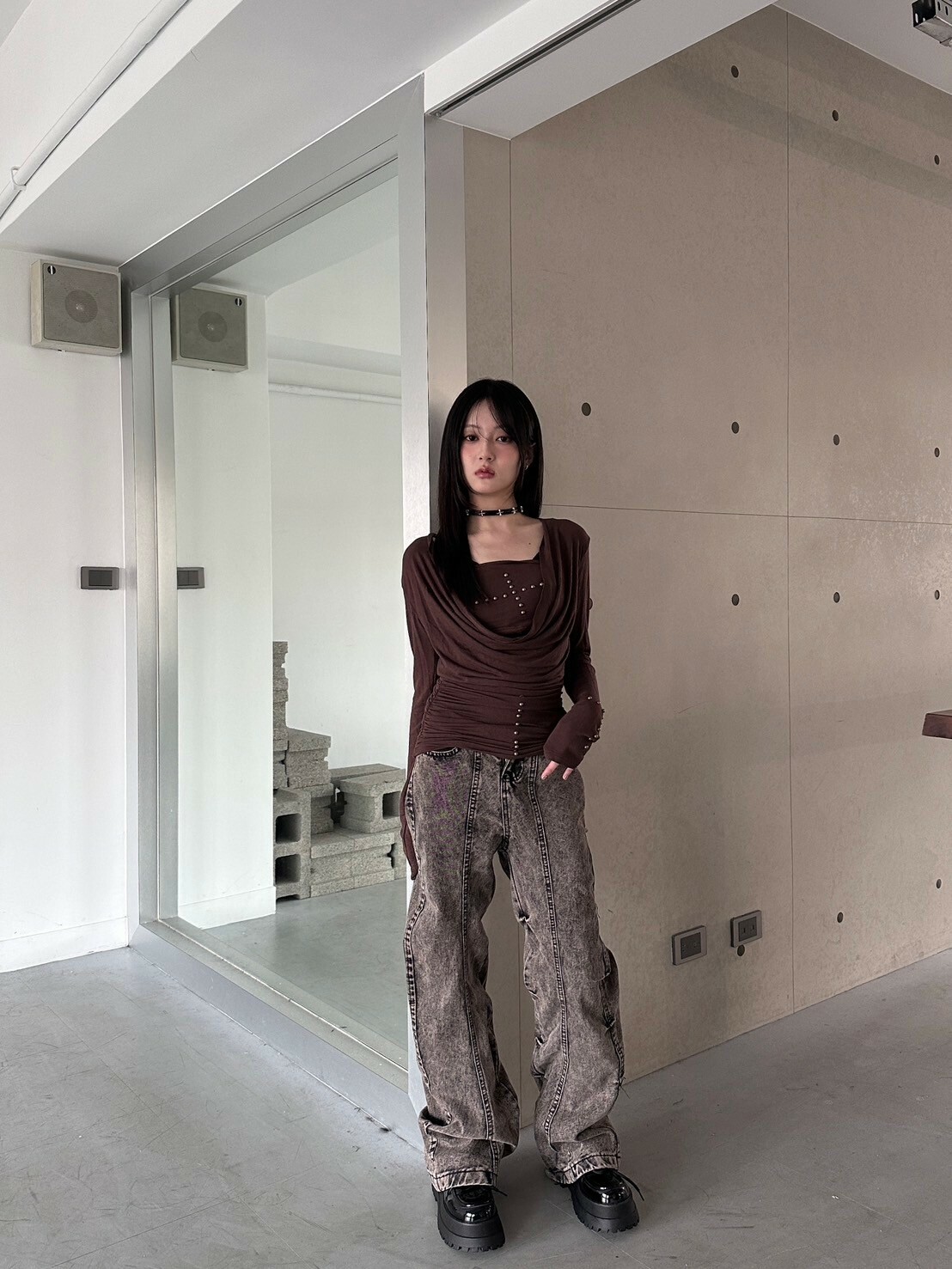 美式黑灰色褶皺造型 做舊牛仔褲