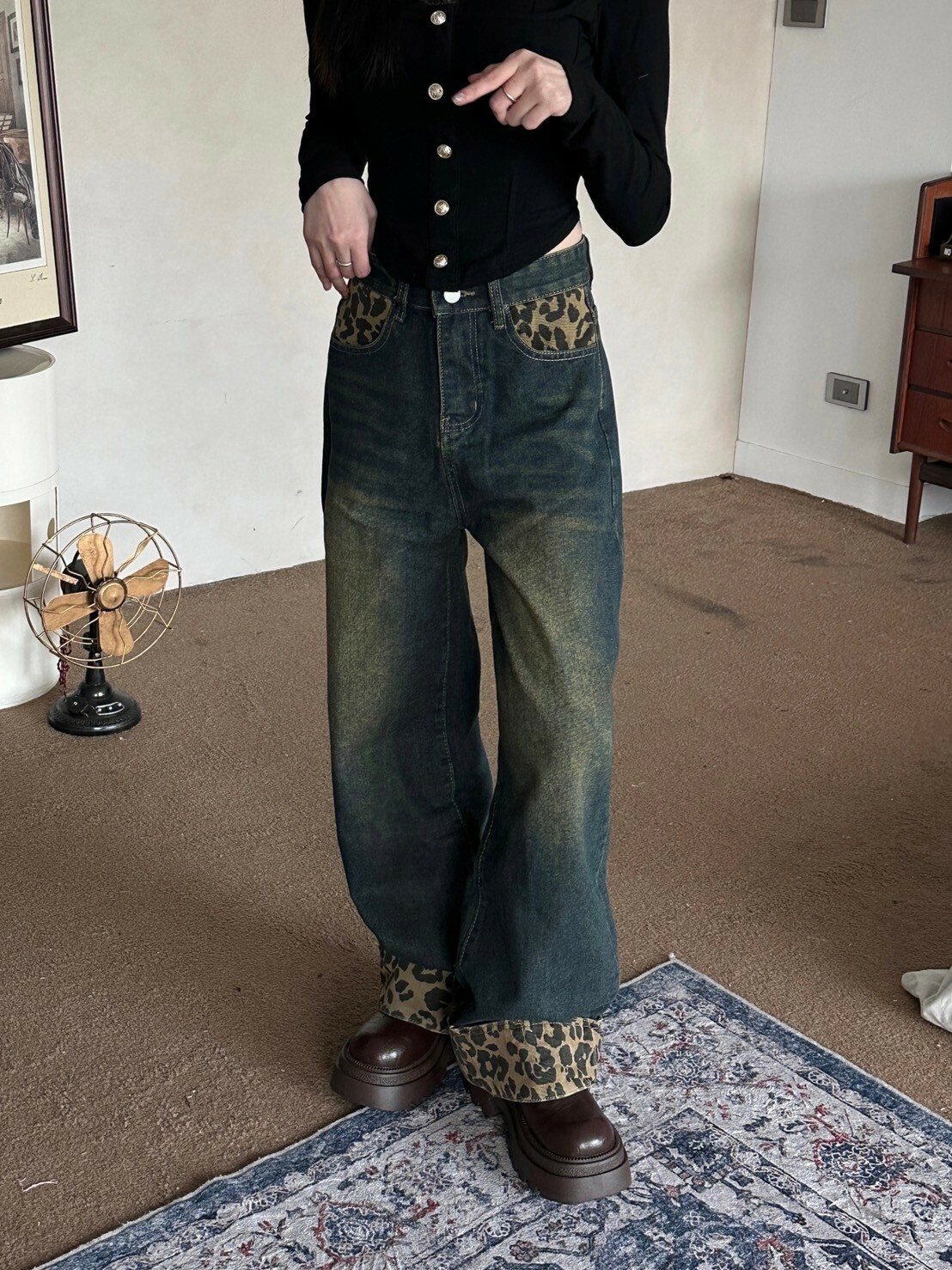 楓豹返場🧋 設計感豹紋拼接翻邊刷色牛仔褲