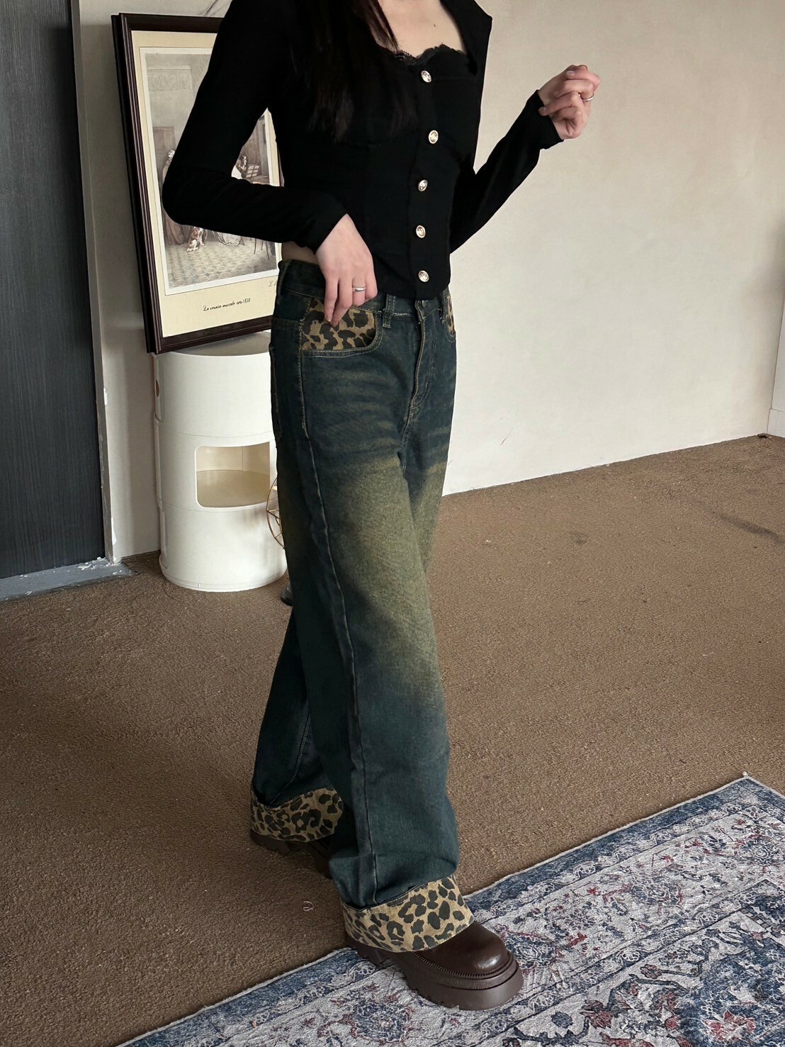 楓豹返場🧋 設計感豹紋拼接翻邊刷色牛仔褲