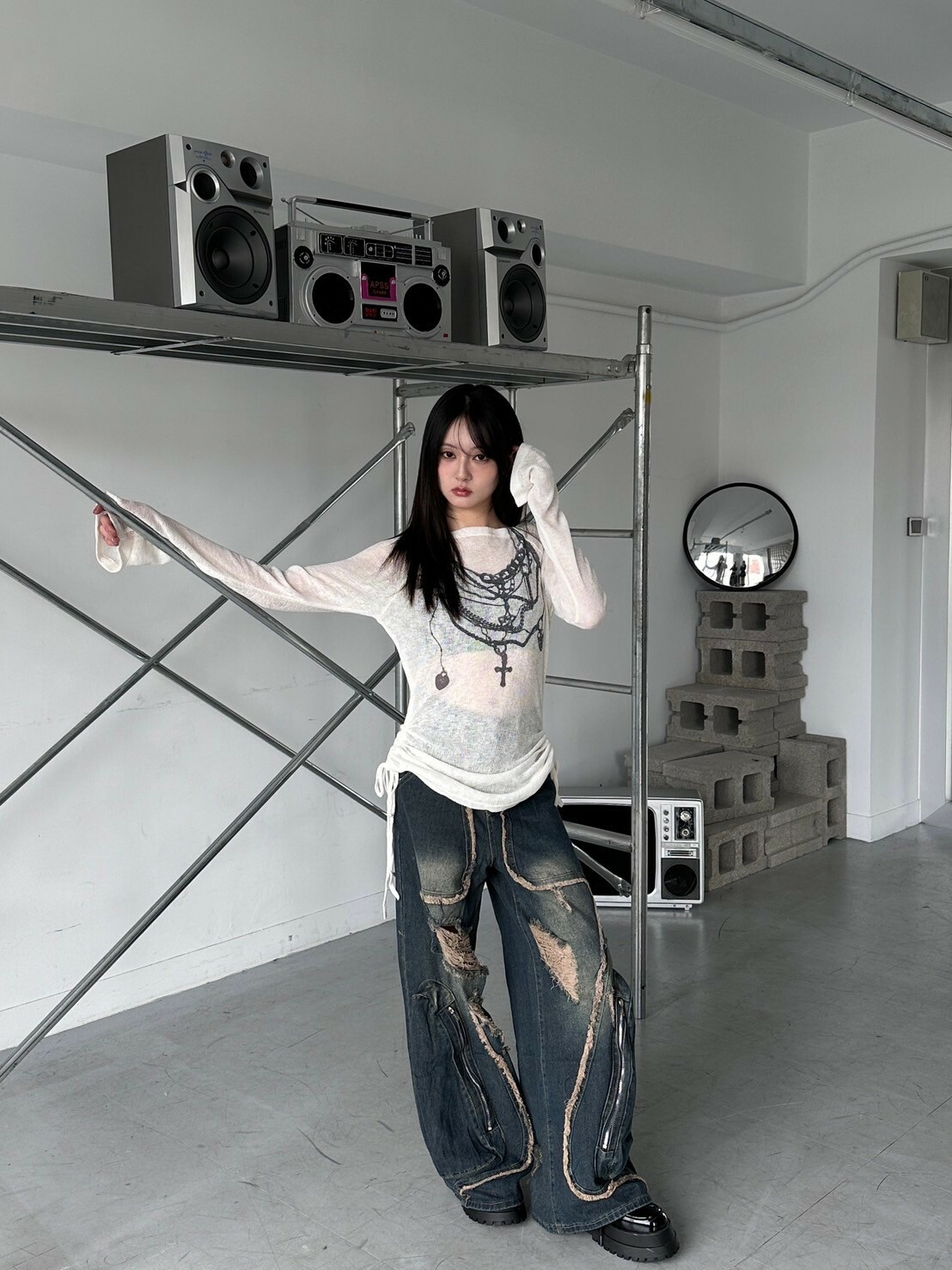 Back school美式復古流蘇工裝牛仔褲