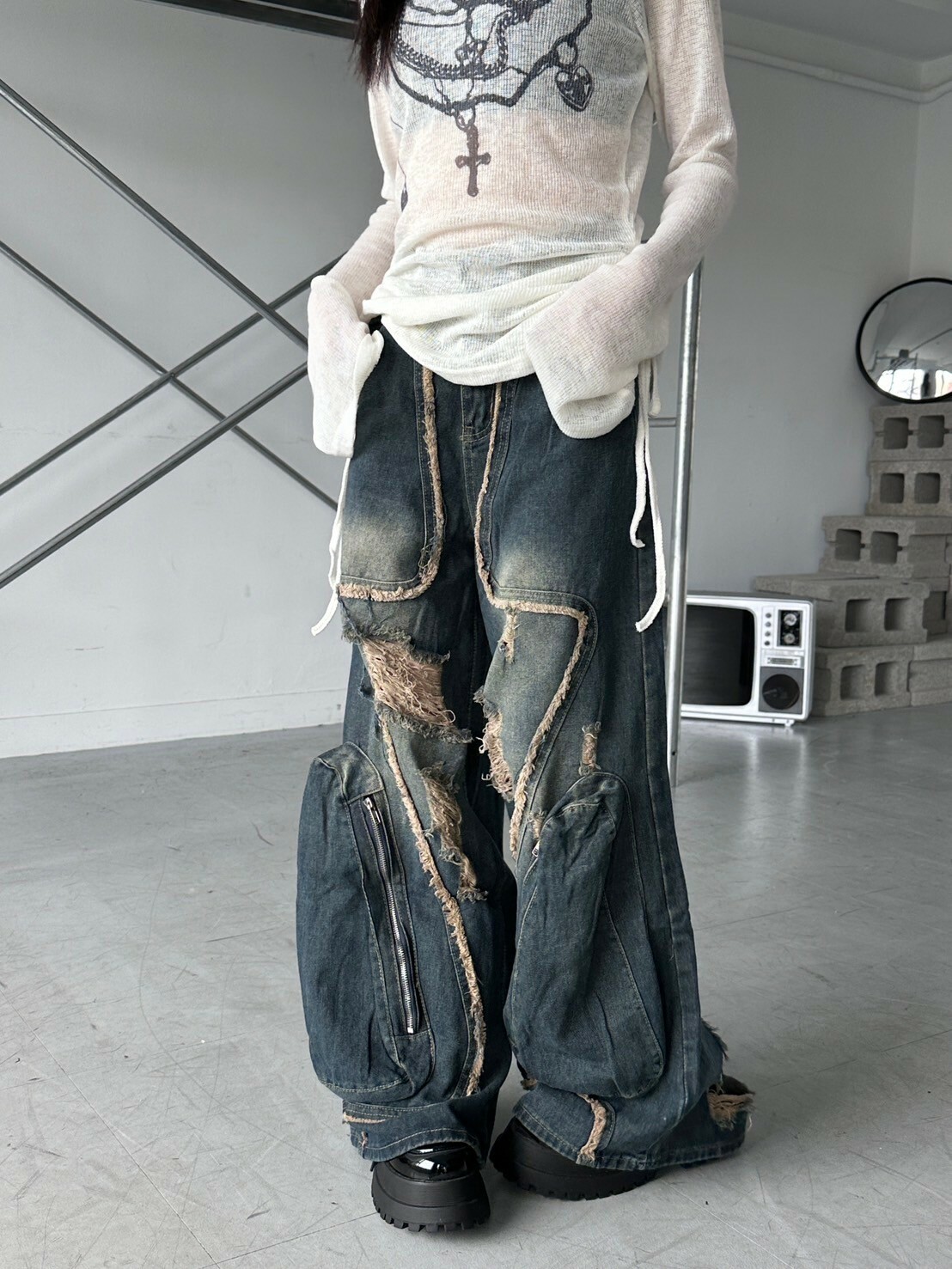 Back school美式復古流蘇工裝牛仔褲