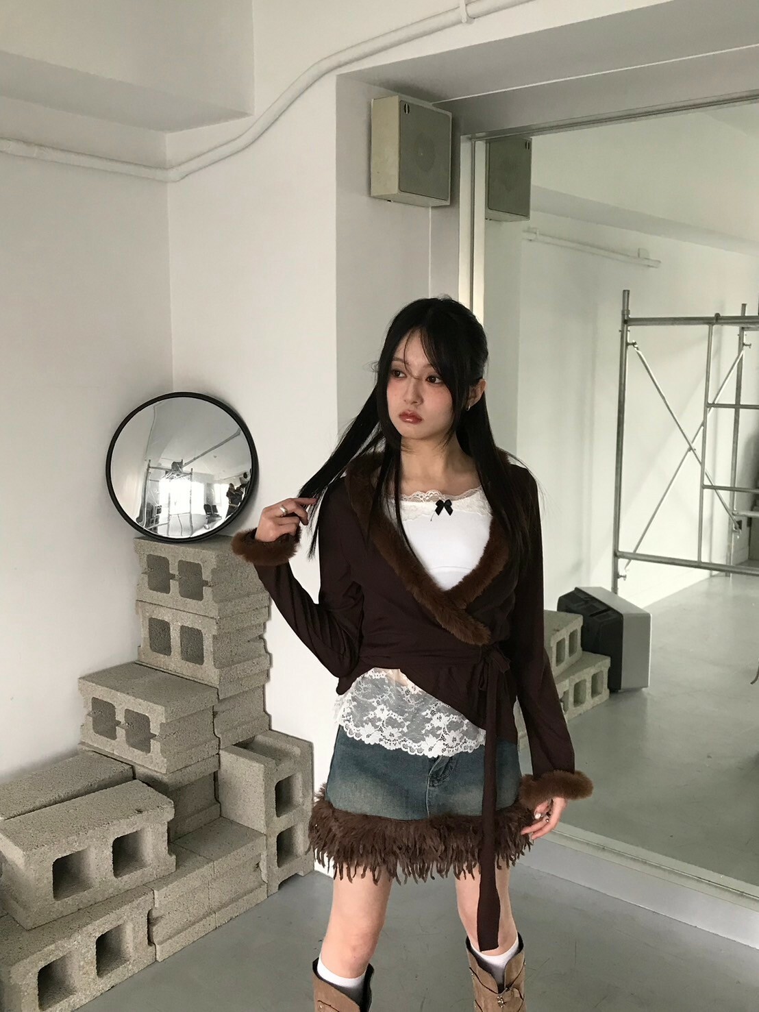 純欲教主🍩 毛毛V領不規則綁帶兩件式（吊帶+開衫）（現貨）