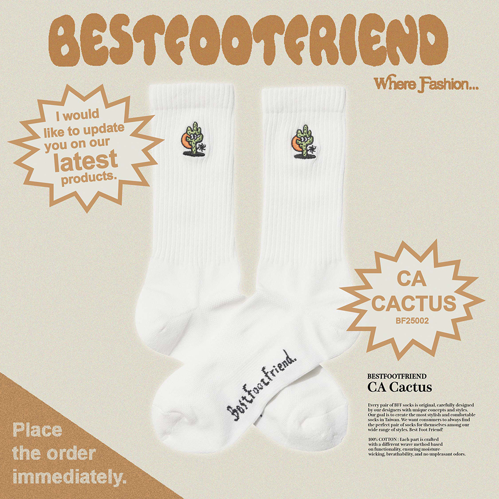 BFF Symptom Socks CA Cactus 白色 沙色 加州仙人掌 刺繡 中筒襪 長襪【BF25002】