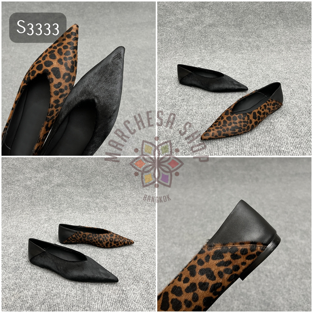 S3333- 羊皮馬毛拼接尖頭平底鞋