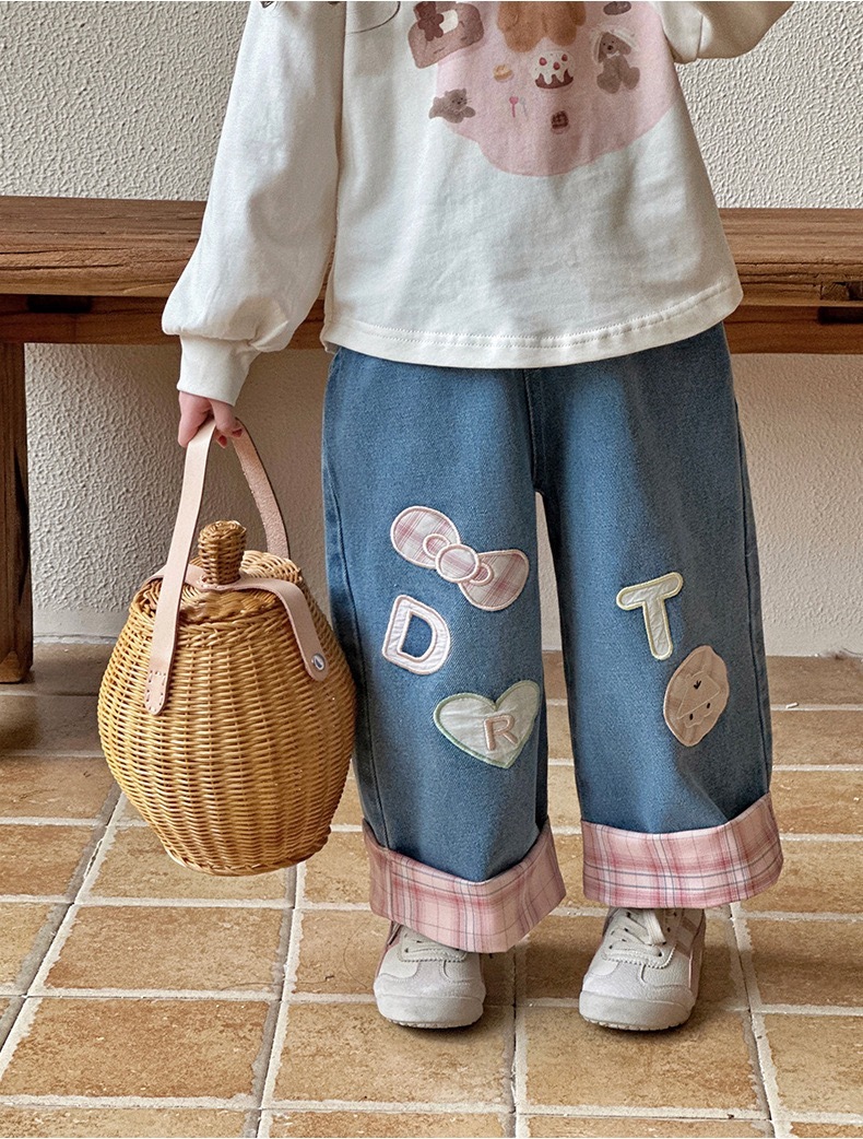 甜美粉格拼接牛仔寬褲