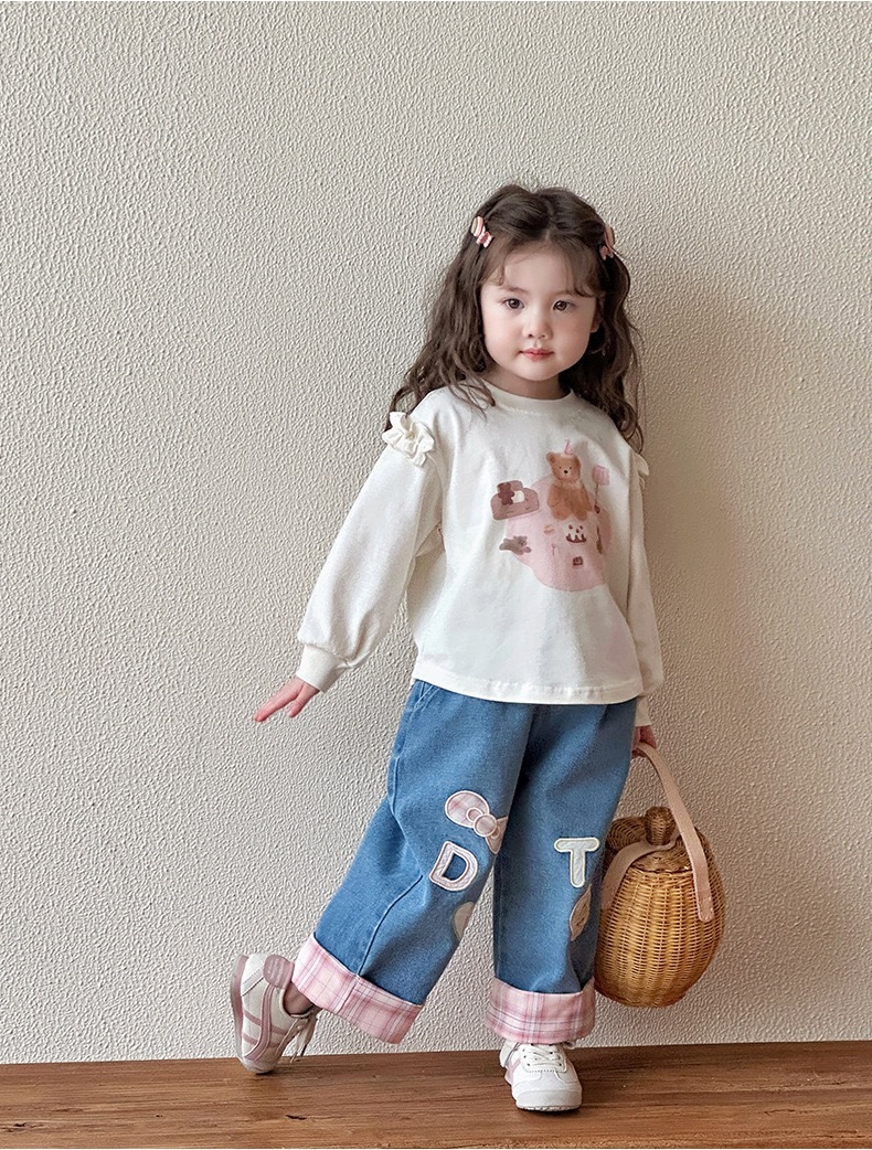 甜美粉格拼接牛仔寬褲