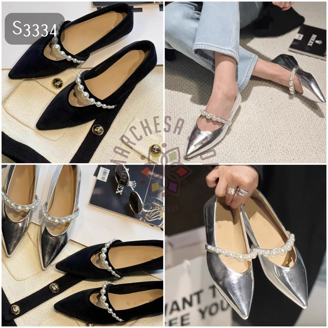 S3334- 羊皮金屬珍珠帶小船踭尖頭高踭鞋