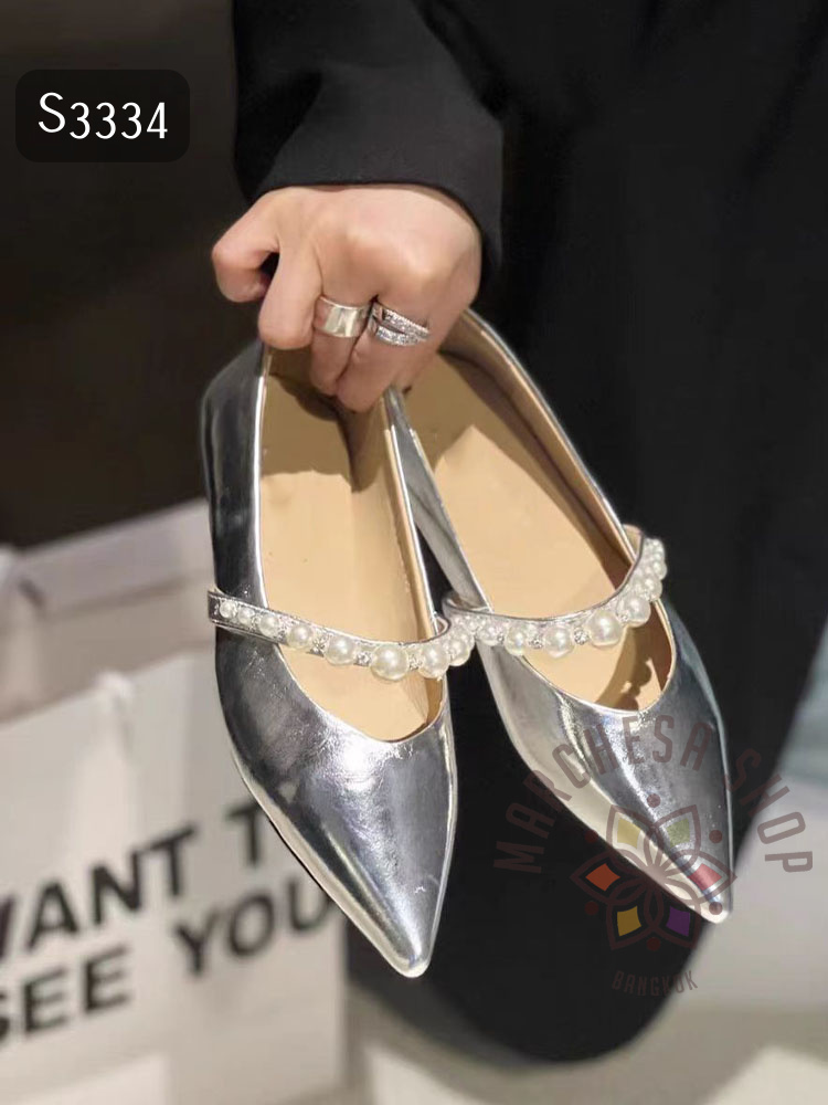 S3334- 羊皮金屬珍珠帶小船踭尖頭高踭鞋