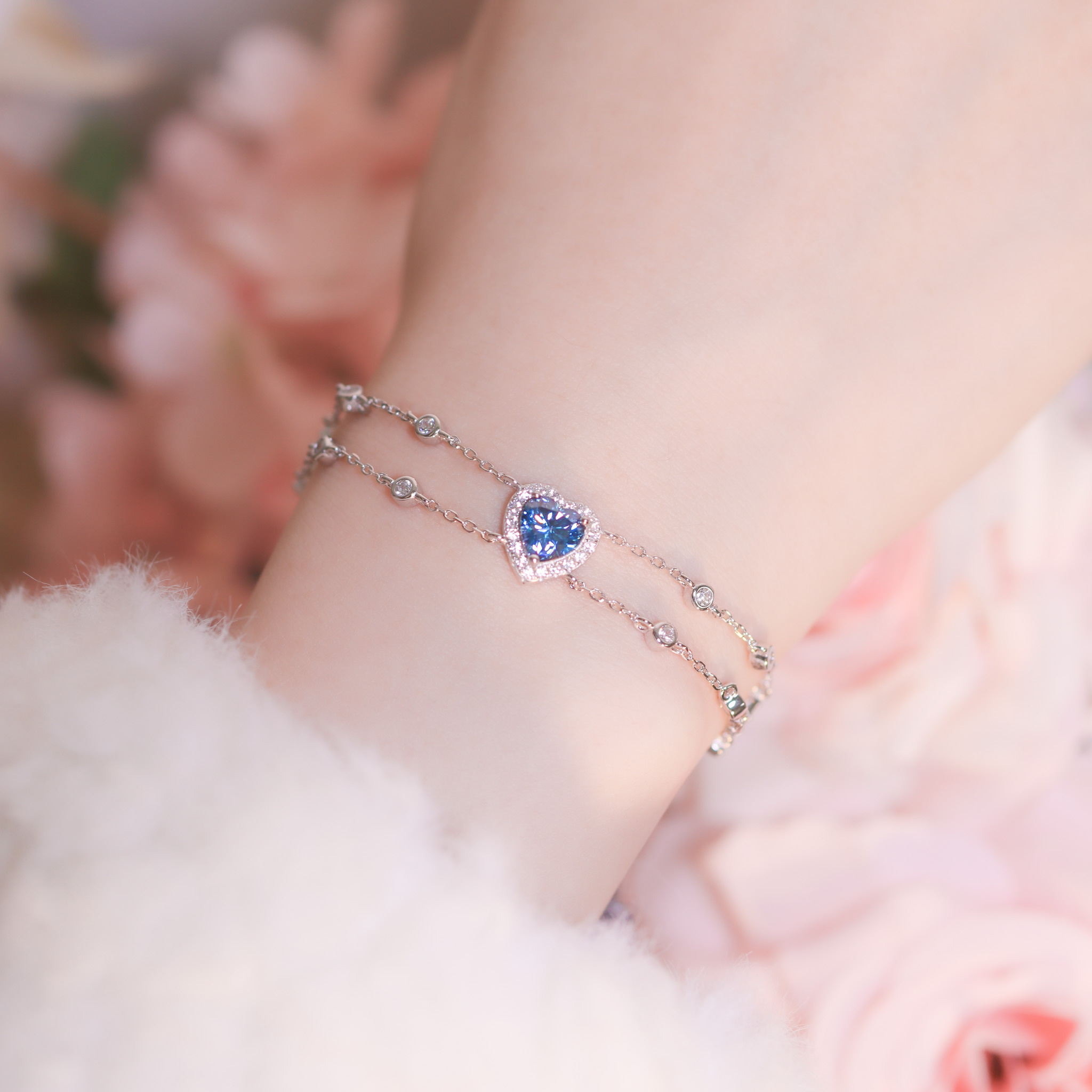 | 925純銀・ 厚鍍白金 ・莫桑石 | 最深的愛意雙層手鏈 (白色/藍色) | BR1245 |