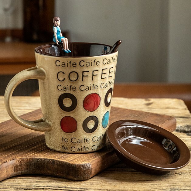 《5601》手繪復古咖啡馬克杯350ml(附蓋勺)