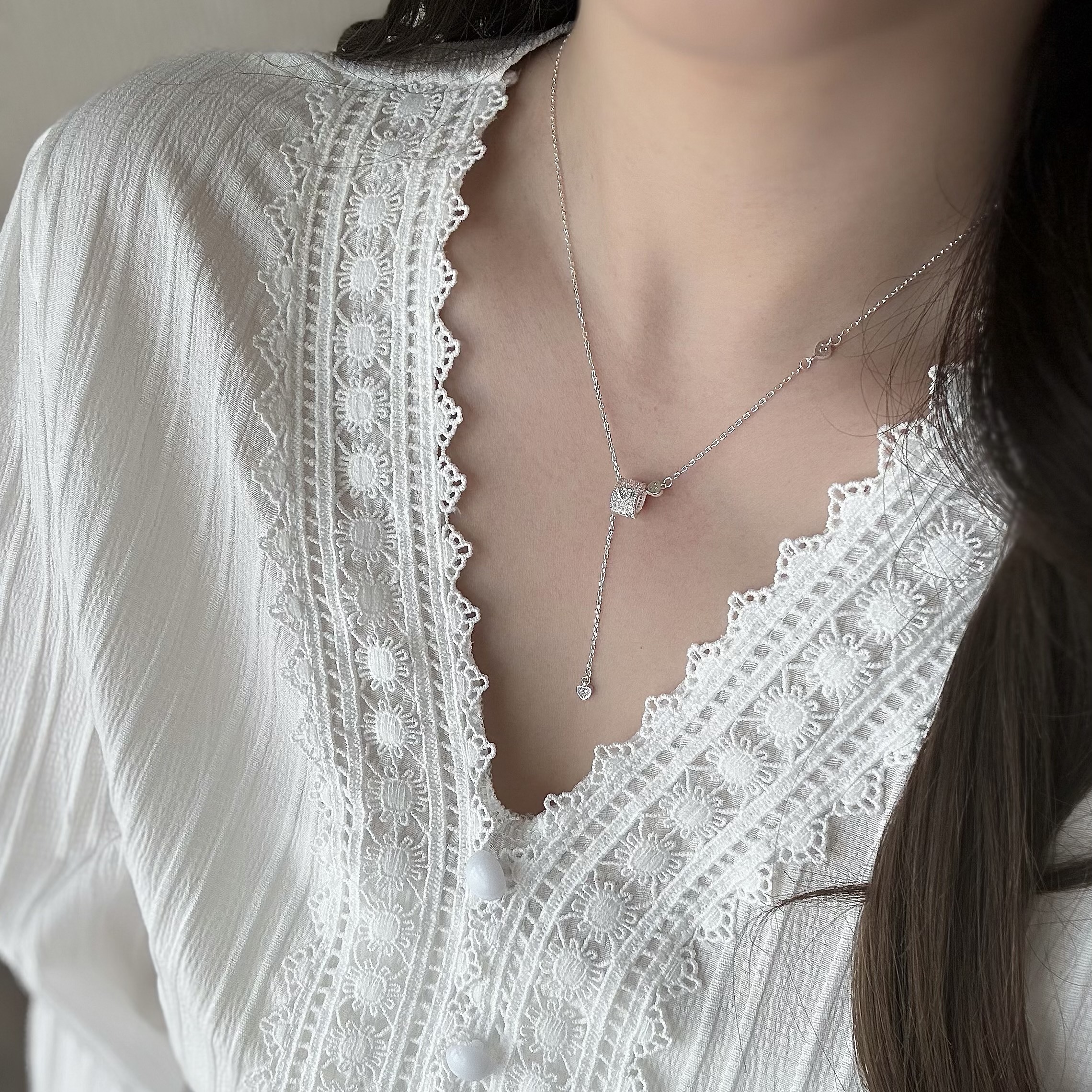 B06排鑽愛心圓環純銀Y字鏈