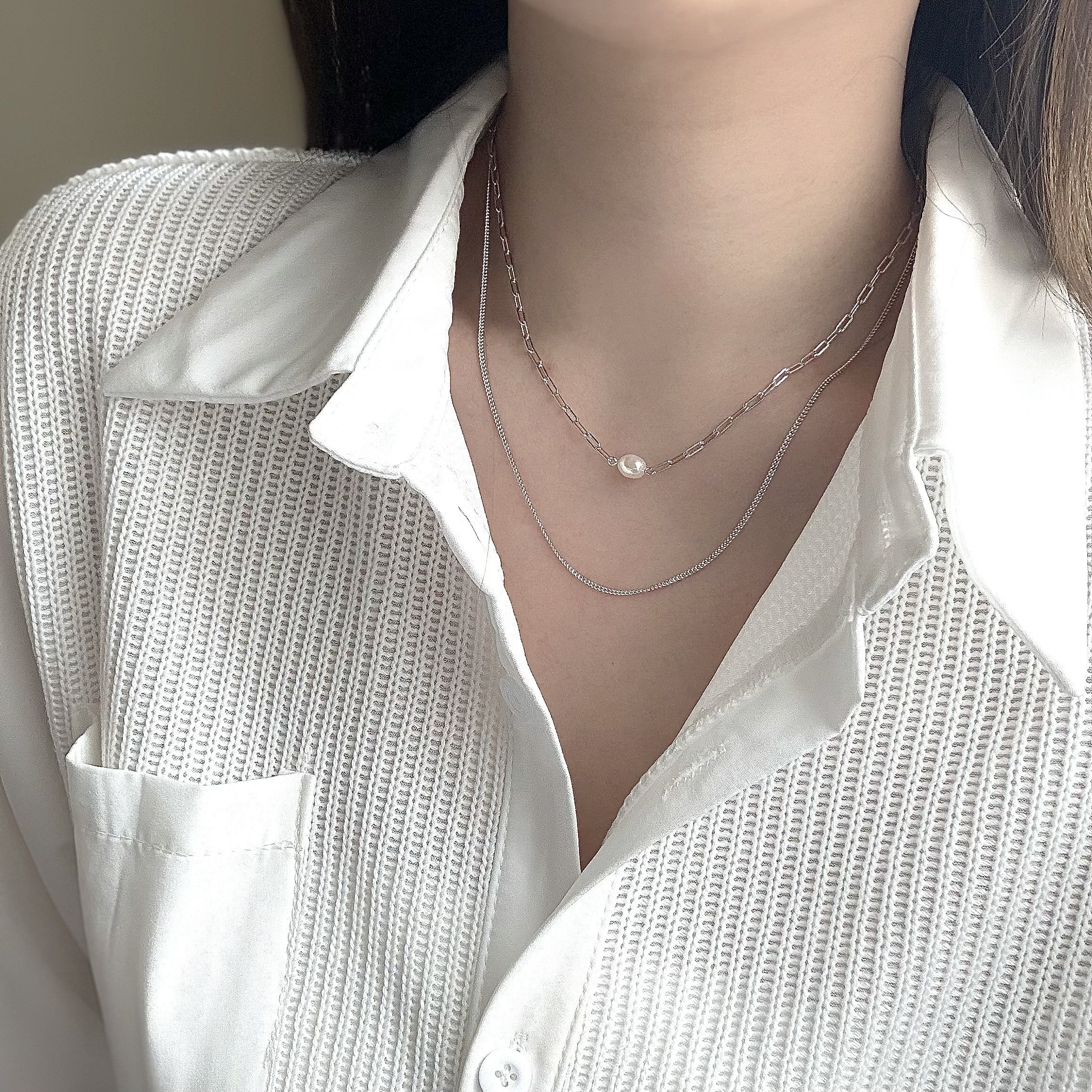 珍珠鏈條雙層純銀鎖骨鏈