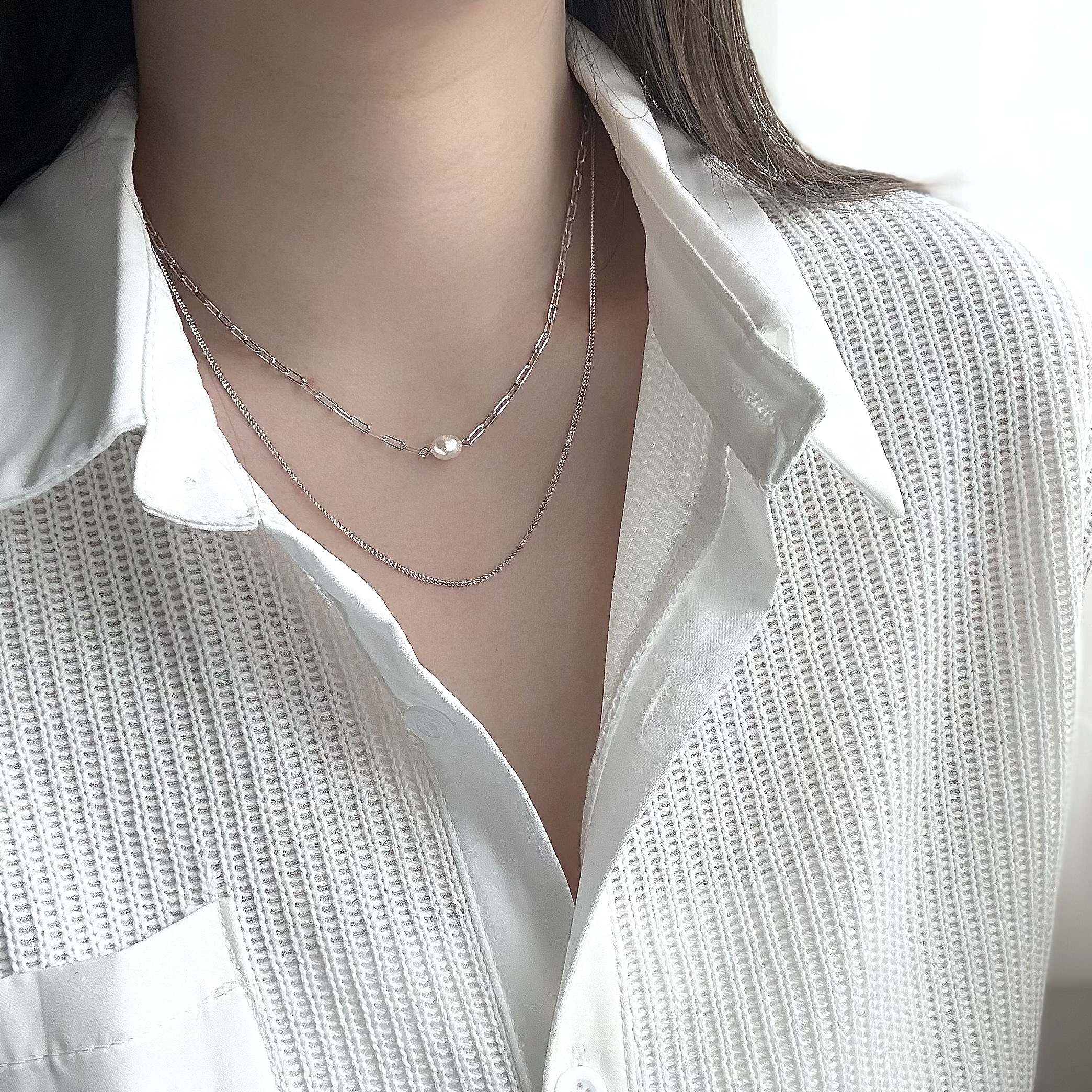 珍珠鏈條雙層純銀鎖骨鏈
